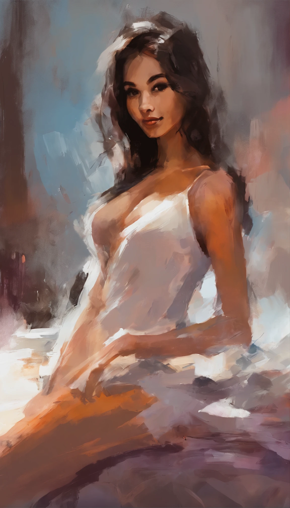 Brush strokes splash, A beautiful and gorgeous nacked girl on bed, warm smile, warm pose, pallet knife painting, contrast brush strokes, masterpiece artwork, award winning painting ,4k,