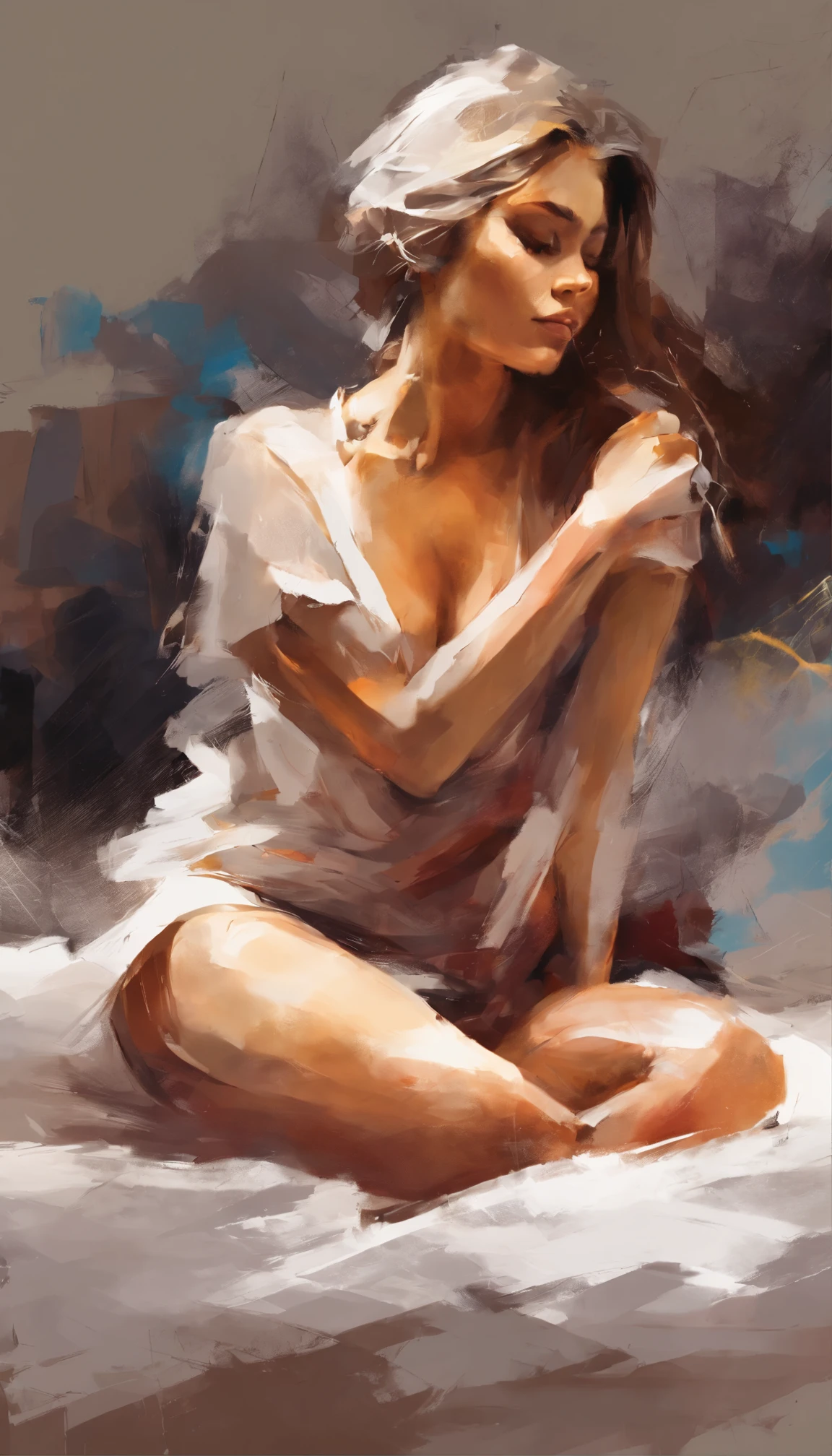 Brush strokes splash, A beautiful and gorgeous nacked ??????? bed, warm smile, warm pose, pallet knife painting, contrast brush strokes, masterpiece artwork, award winning painting ,4k,