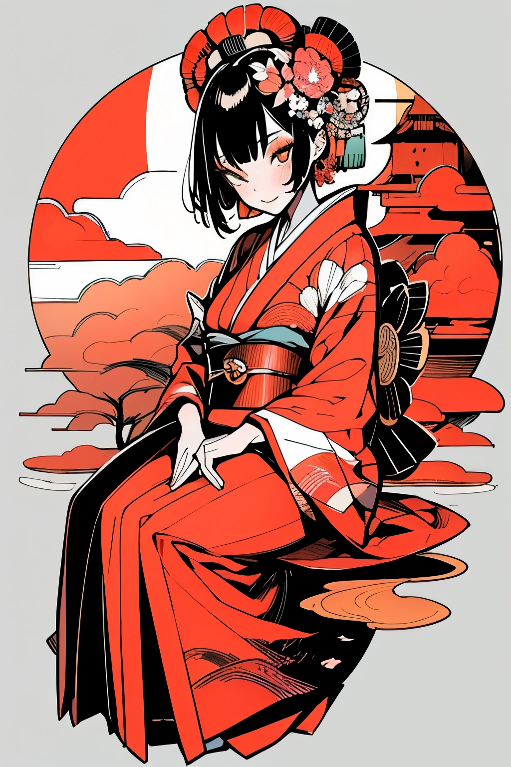 Super detailed illustration of a beautiful Japanese woman, Put on maiko costume and makeup, art:Musifer, (cel shading) whole body, Japanese garden