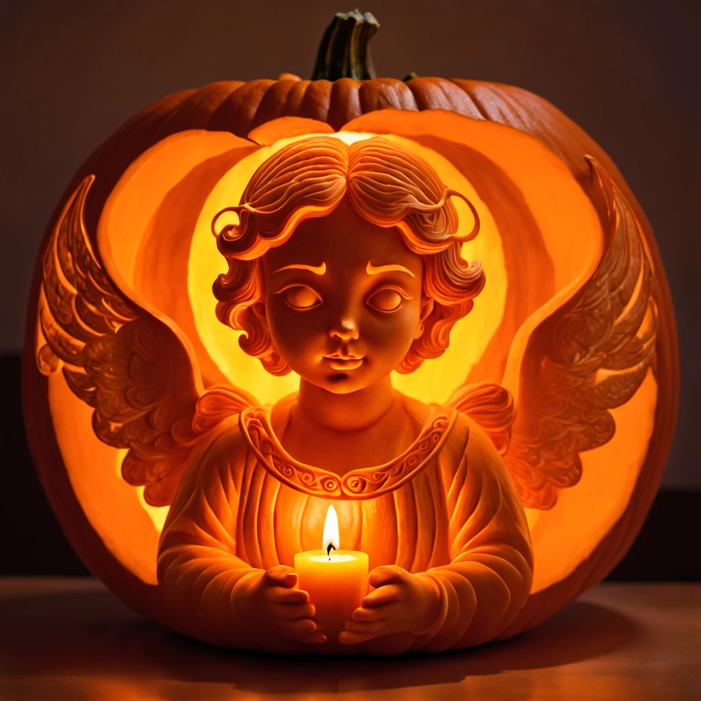 a dragon carved out of a pumpkin, artistic, all orange color, clean lines, candle inside, ambient light
