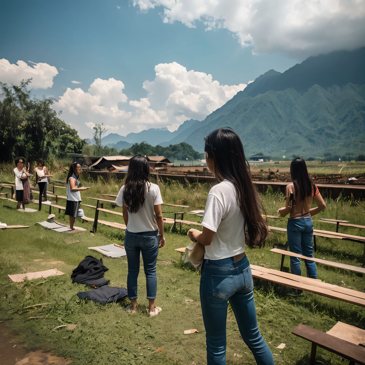 Thai Women, look at the audience, long hair, shirt, jeans, cloud, Day, null,outdoor, after the apocalypse, Remains, scenery, wood, water,underwear