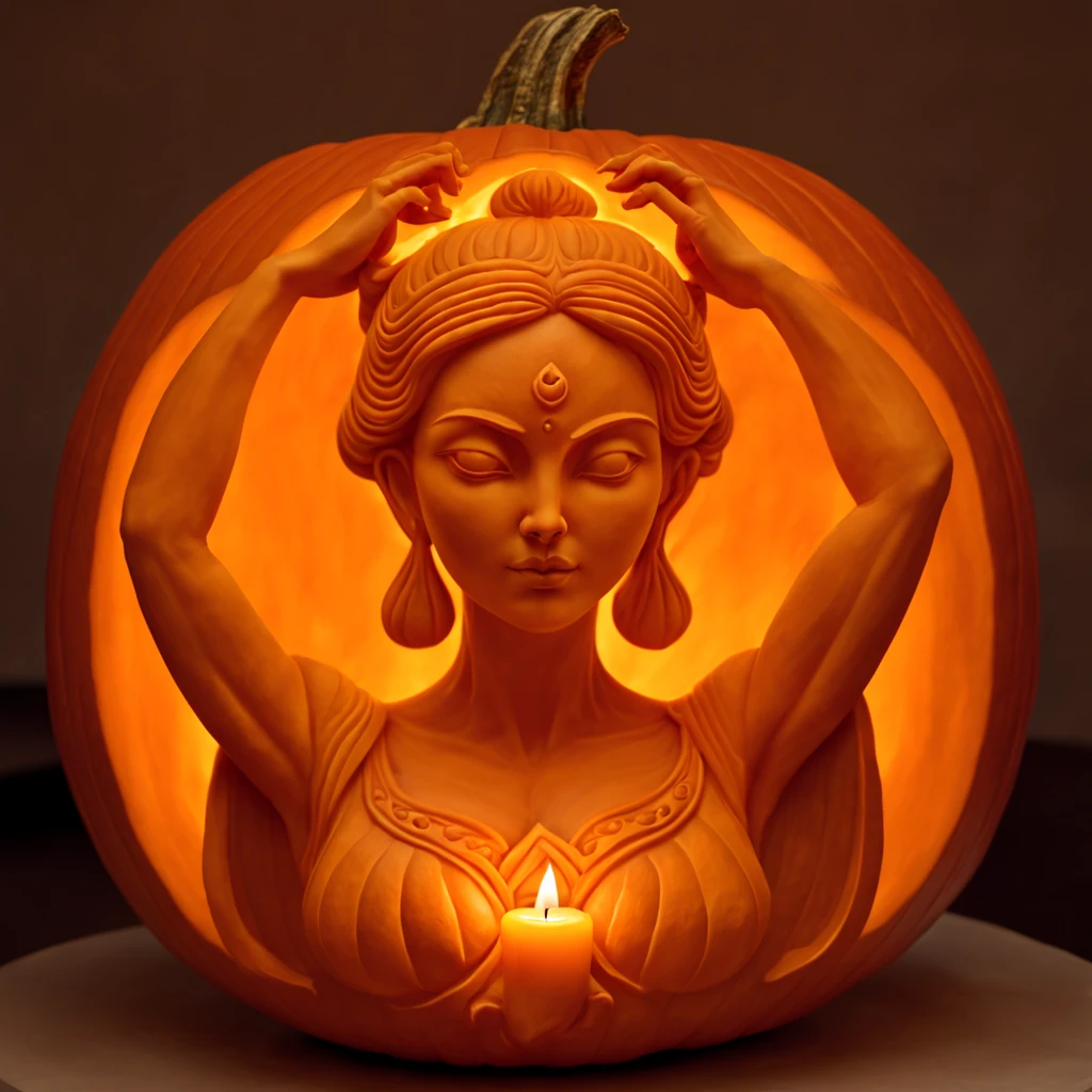 a goddess carved out of a pumpkin, artistic, all orange color, clean lines, candle inside, ambient light