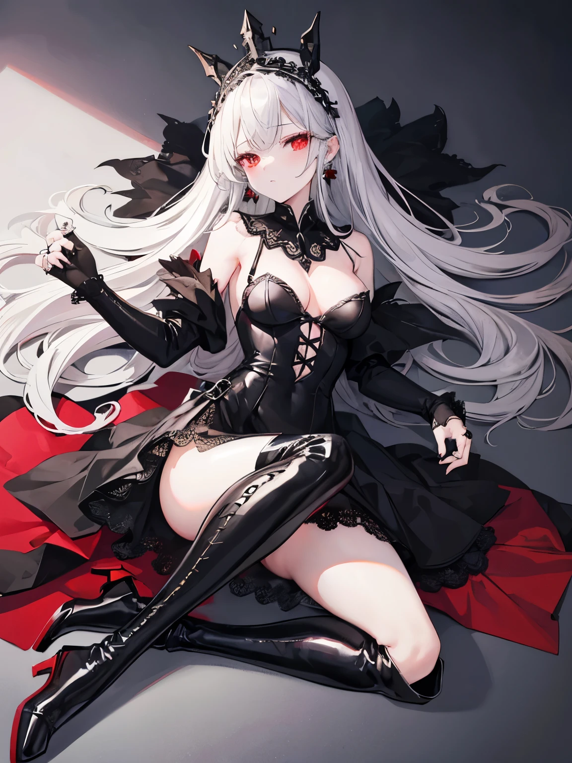 Queen, arrogant, tsundere, black knee high wedding dress, black heeled boots, black wedding headband, silver hair, red eyes, girly, lace gloves, torn clothes, ridicule, full body, lying on the table, black crown, earrings, rings, cream sprinkled on the body