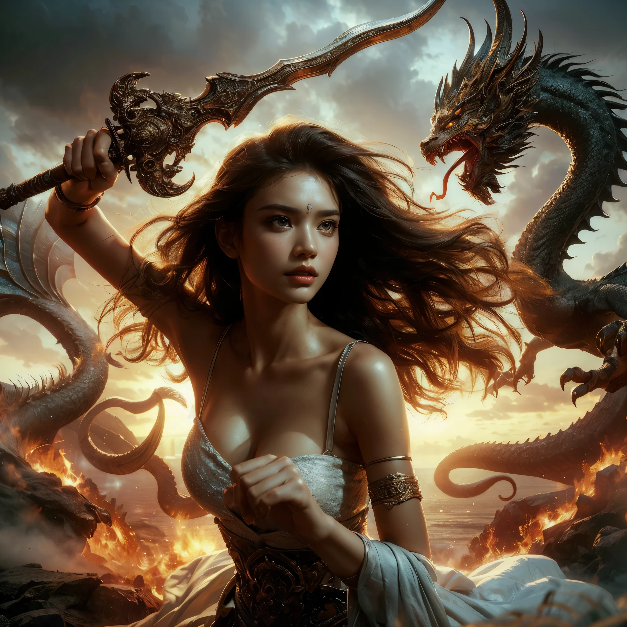 arafed woman with large round breast, show her cleaveage, with a sword and a dragon in a storm, queen of dragons, hyperrealistic fantasy art, epic fantasy digital art style, symmetrical epic fantasy art, epic fantasy digital art, realistic fantasy artwork, dramatic fantasy art, amazing fantasy art, epic fantasy art style hd, epic fantasy art style, epic fantasy novel cover art, epic fantasy art, (masterpiece, best quality:1.2),(8k,highres,RAW photo,realistic,photo-realistic:1.3),(detailed skin texture,detailed cloth texture,beautiful detailed face:1.25),professional lighting,photon mapping,beautiful soft light,radiosity,physically-based rendering,model shoot style, model shoot style, (extremely detailed CG unity 8k wallpaper), full shot body photo of the most beautiful artwork in the world, complex 3d render ultra detailed, looking at viewer, 18 yo, wet hair, real human skin, vibrant details, hyperrealistic, beautiful, octane render, 8k, best quality, masterpiece, an extremely delicate and beautiful, extremely detailed ,CG ,unity ,wallpaper, (realistic, photo-realistic:1.37),Amazing, finely detail, masterpiece,best quality,official art, extremely detailed CG unity 8k wallpaper ,extreme detailed eyes, (perfect face), shiny skin, colorful, highest detailed, vibrant colors, ultra high res, (high contrast), intricate, lens flare,