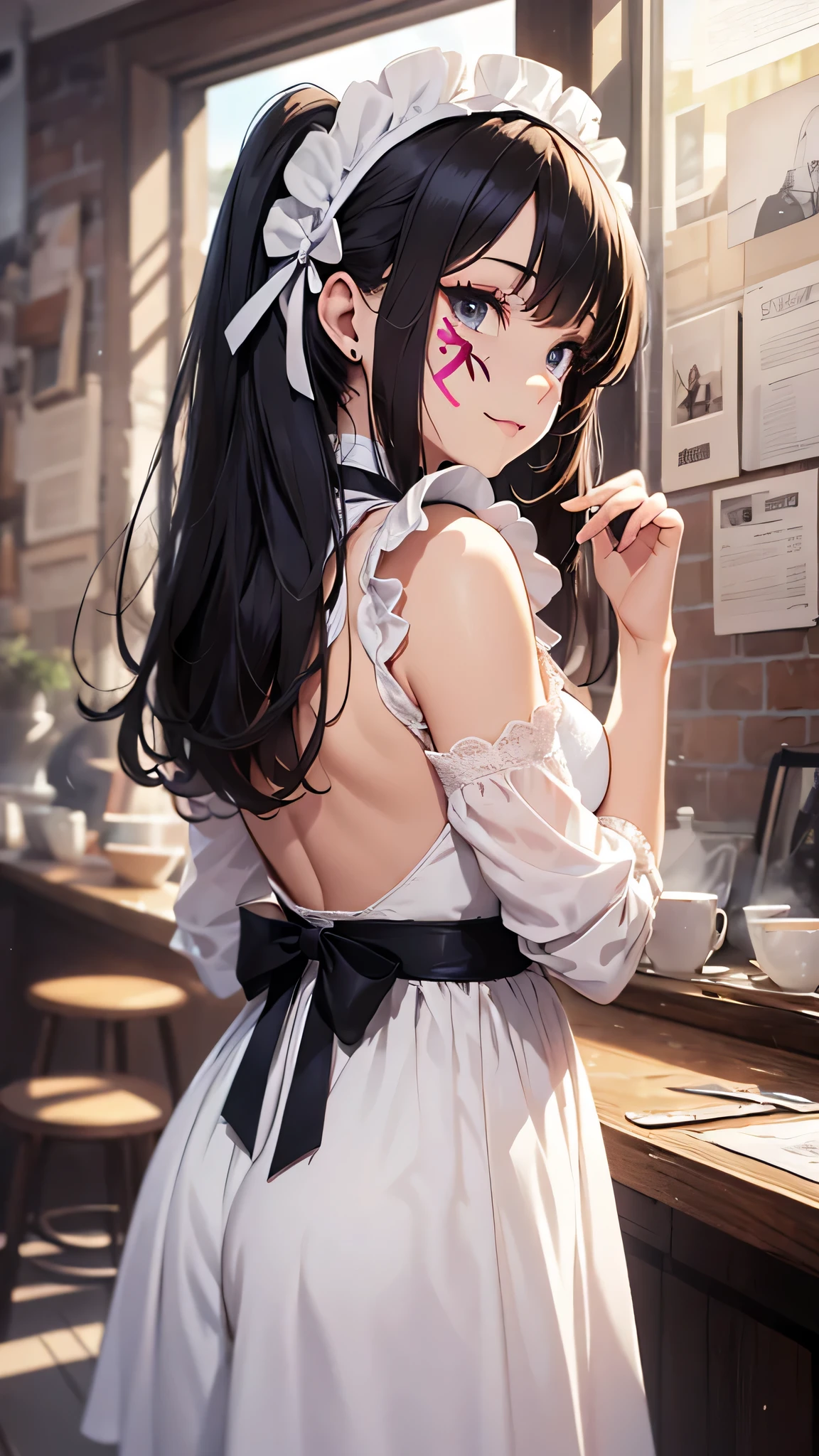 最high quality、best image quality、masterpiece、age girl((18-year-old、 by becoming、vest bust、medium bust,wide open breast tea、black eye, black hair、long hair、thin,highest valley、cute makeup、Pink maid clothes、best smile、Rear view、blue face paint、Yellow face paint、Pink face paint、fascination pose、)),high quality、beautiful art、background(Cafe、Cat)),pieces fly、Depth of written boundary、movie、visual art、perfect art、