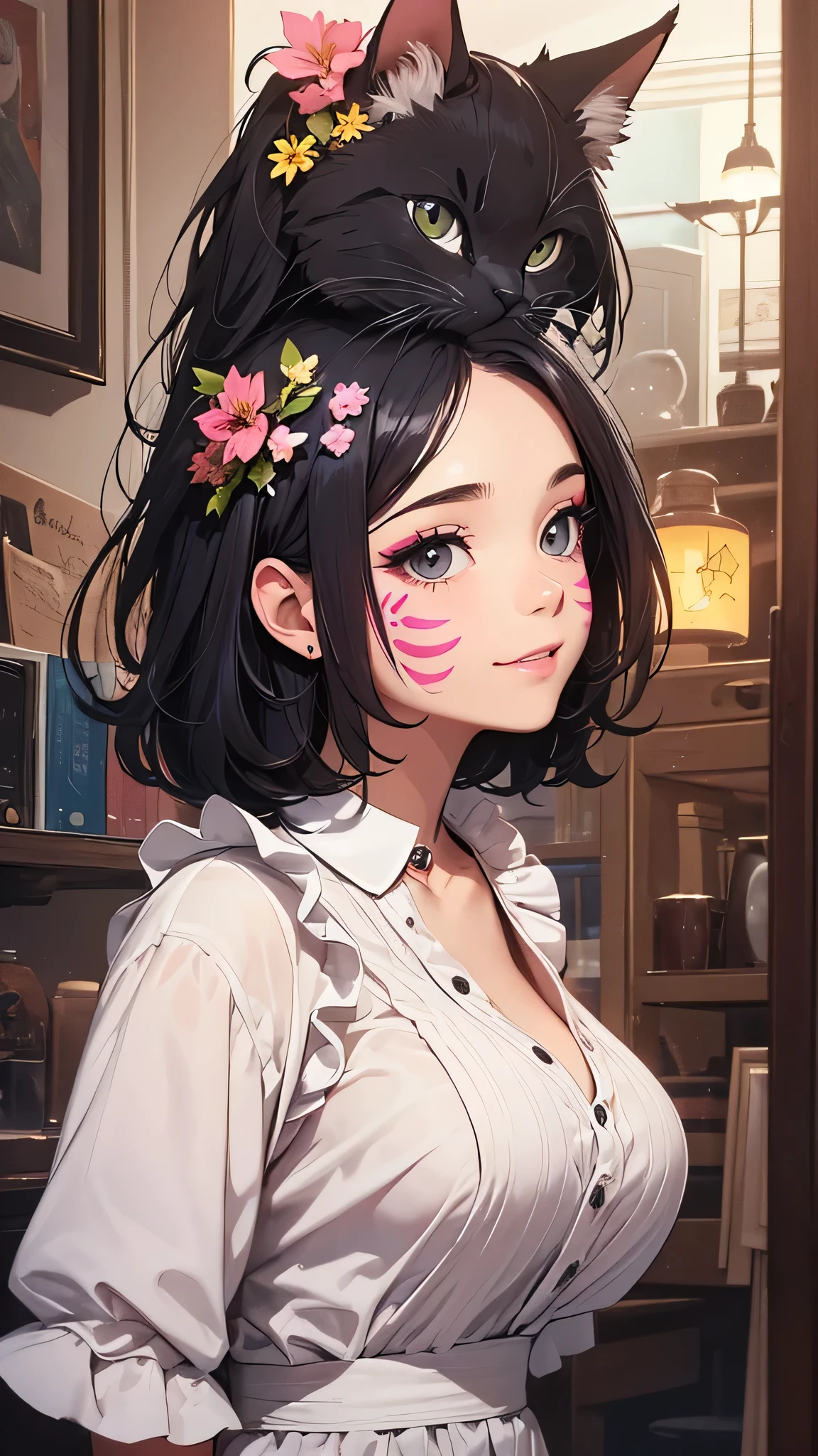 最high quality、best image quality、masterpiece、age girl((18-year-old、 by becoming、vest bust、medium bust,wide open breast tea、black eye, black hair、long hair、thin,highest valley、cute makeup、Pink maid clothes、best smile、Rear view、blue face paint、Yellow face paint、Pink face paint、fascination pose、)),high quality、beautiful art、background(Cafe、Cat)),pieces fly、Depth of written boundary、movie、visual art、perfect art、