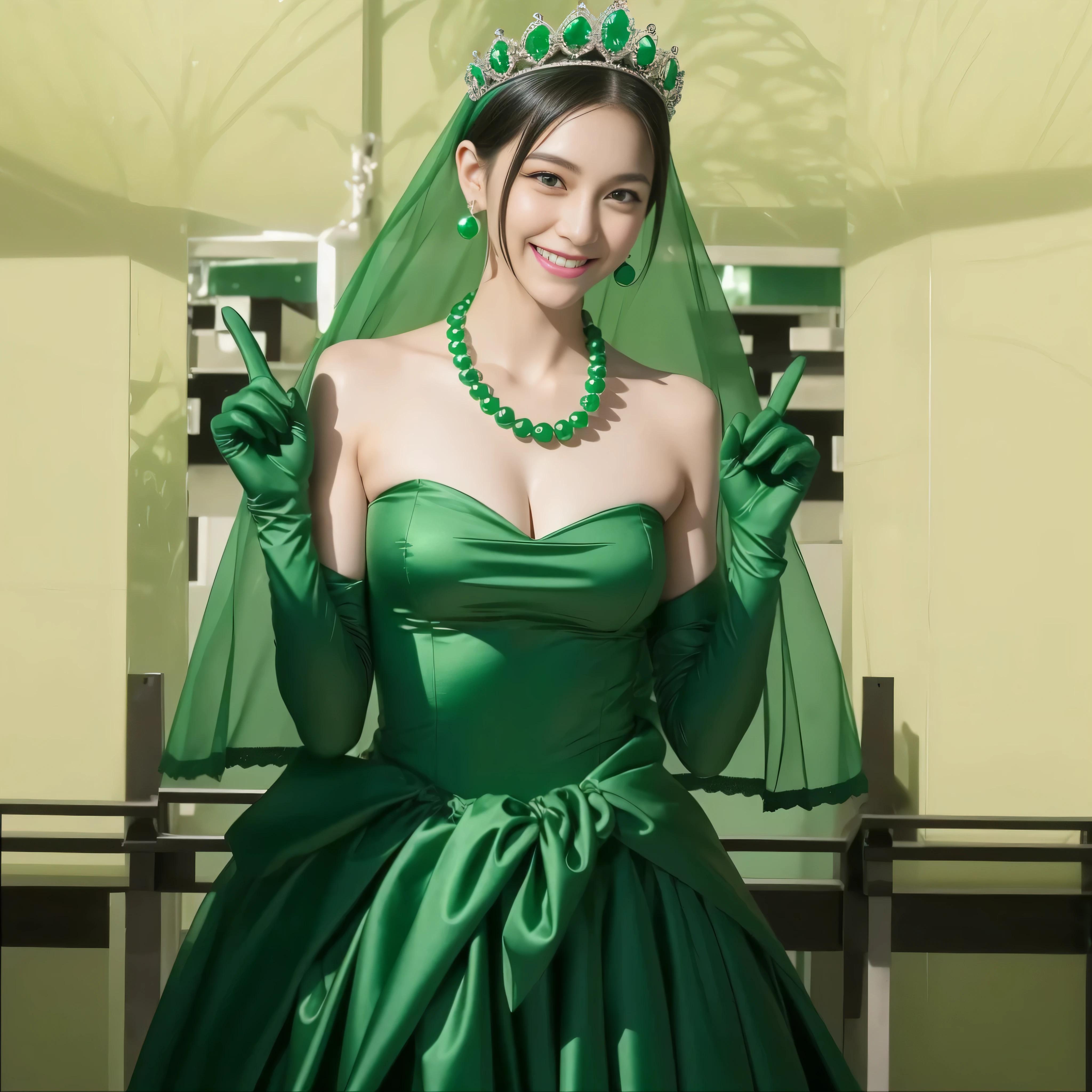 emerald tiara, green pearl necklace, boyish very short green hair, lipstick, smiling Japanese woman, very short hair, big breasts beautiful, green eyes, Long green satin gloves, green eyes, V sign, emerald earrings, green veil