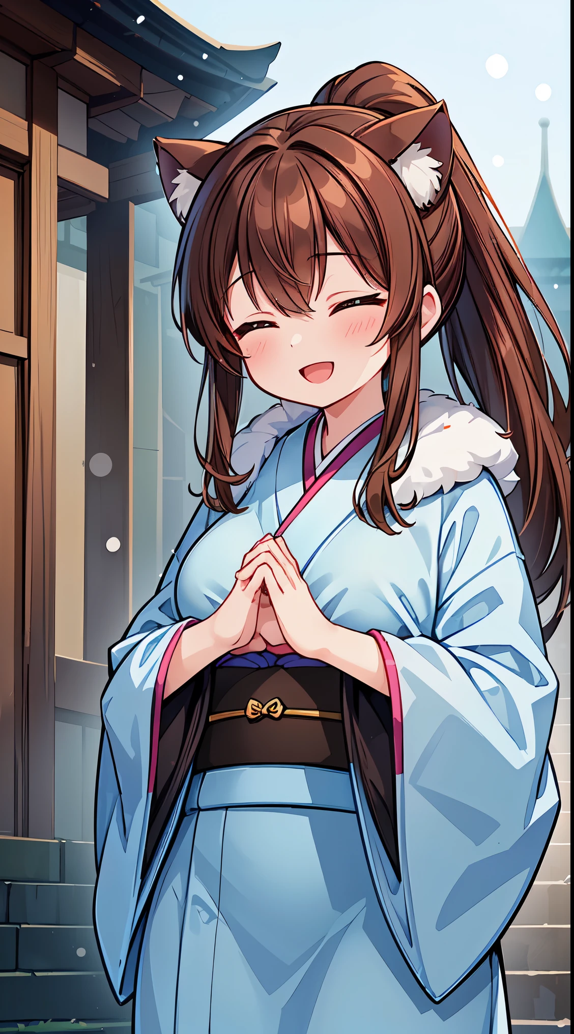 (masterpiece, top quality, best quality, official art, beautiful and aesthetic:1.2),ultra-detailed,intricate details,amazing illustration,award-winning art,atmospheric, 
BREAK, 1 beautiful girl, (17 years old girl), Very detailed, colourfull, highest details, BREAK, (Huge breasts: 1. 2), Clear skin, Beautiful skin, Shy skin, 1 beautiful girl, (Brown hair:1.75), (Cat ears, Ponytail, medium-Long hair: 1. 2), (Light blue eyes, long eyelashes, Double eyelids: 1. 2),Solo,gleaming skin, Clear skin, Beautiful skin,(best quality face),(Top quality glowing eyes),(The best smile,:D:1.45),

BREAK , snowing, crowed people in the background,(closed eyes, praying with hands together:1.35), (girl in a kimono with fur visiting a shrine where a statue of a dragon is enshrined:1.2), BREAK,wakame,wakame,wakame,(Cowboy Shot:1.4),

BREAK,(Blurry background:1.3),(absurderes, hight resolution, Super Detail Art),cel shading,Clear Color, Lonely optical effect, Beautiful pictures, Bright glow, mystic atmosphere,(Close-up of girl:1.1), Mystical light particle effect,manga influence, clean line drawings,