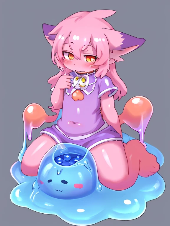 A male light orange cub,Only the head exposed in a bucket 充满银色slime,被slime覆盖,slime,light orange cuollars,被slime覆盖,Fell((充满银色slime)),kneeling,拿银色slime倒在脸上
