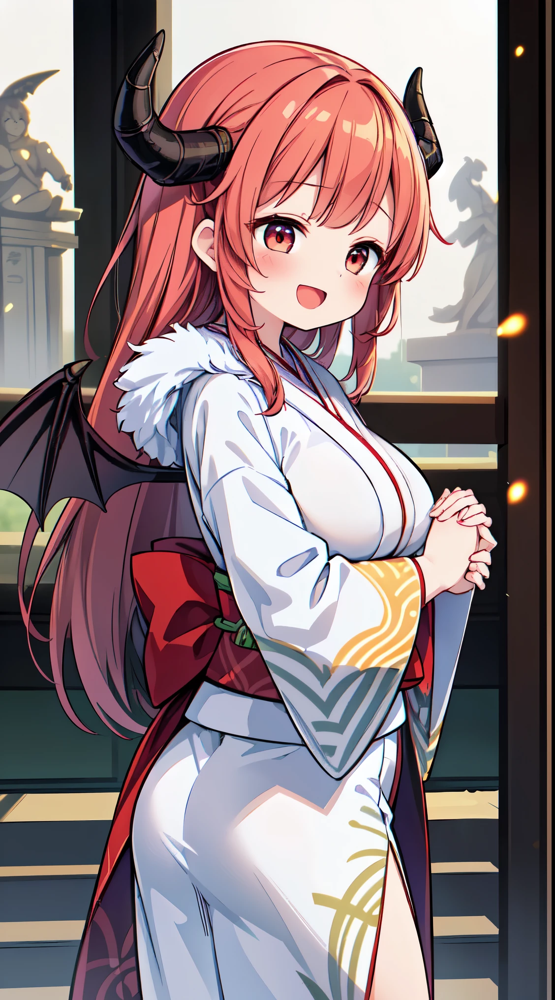 (masterpiece, top quality, best quality, official art, beautiful and aesthetic:1.2),ultra-detailed,intricate details,amazing illustration,award-winning art,atmospheric, 
BREAK, 1 beautiful girl, (Beauty:1.5),(Chibi:0.5),(kawaii:2.0),(Cool:2.0),((17 year old girl),(Solo:1.65),BREAK, (huge-breasted:1.2,), Clear skin, Beautiful skin, Shy, 1 beautiful woman,Demons,Colossal tits(The hair 弓, Red hair, Long hair, 反転したThe hair, 乱雑なThe hair,Wings of an angel on the back, Demon King's horn on the head:1.2), (Red Eyes, long eyelashes, Double eyelids: 1.2), Shiny skin,de pele branca,dial,(最高品質のfaces),(最高品質の輝くThe eye),(ドヤfaces,勇敢なfaces:1.45), (最高の笑faces,:D:1.45),

BREAK , 

snowing, crowed people in the background,(closed eyes, praying with hands together:1.35), (girl in a kimono with fur visiting a shrine where a statue of a dragon is enshrined:1.2),

BREAK,wakame,wakame,wakame,(Cowboy Shot:1.4),

BREAK,(Blurry background:1.3),(absurderes, hight resolution, Super Detail Art),cel shading,Clear Color, Lonely optical effect, Beautiful pictures, Bright glow, mystic atmosphere,(Close-up of girl:1.1), Mystical light particle effect,manga influence, clean line drawings,