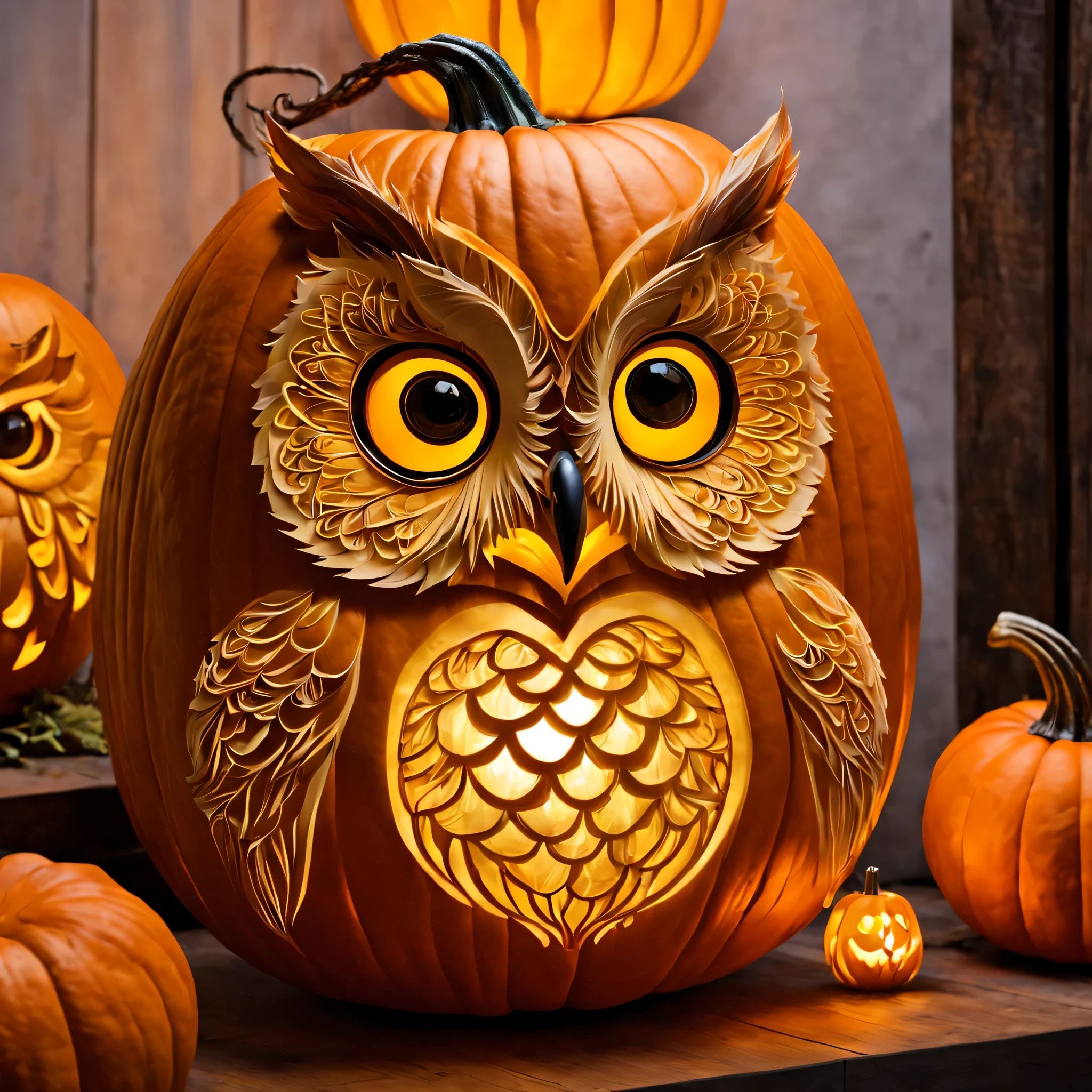 Pumpkin carving, Cutting art, cutting work, Lanterns made from cut pumpkins, complicated cute owl face, (masterpiece), (highest quality), (Ultra high detail)