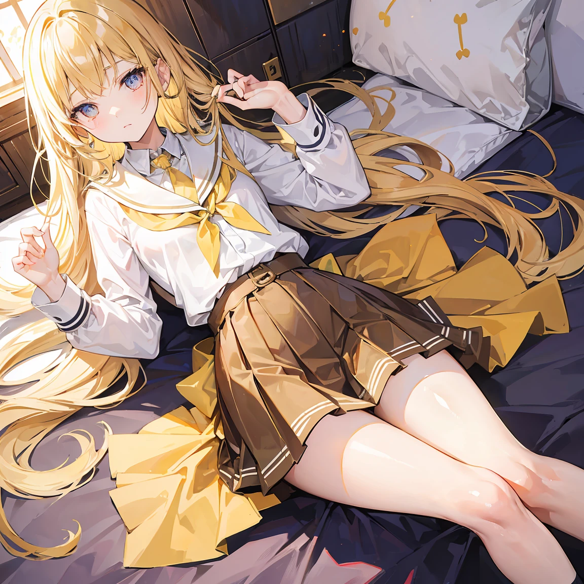 Shining light brownish yellow hair and pupils and white school uniform，With silver crystal pendant，Sweet Lolligirl，the whole thing is shining，show underwear，A gesture that seduces by showing the chest