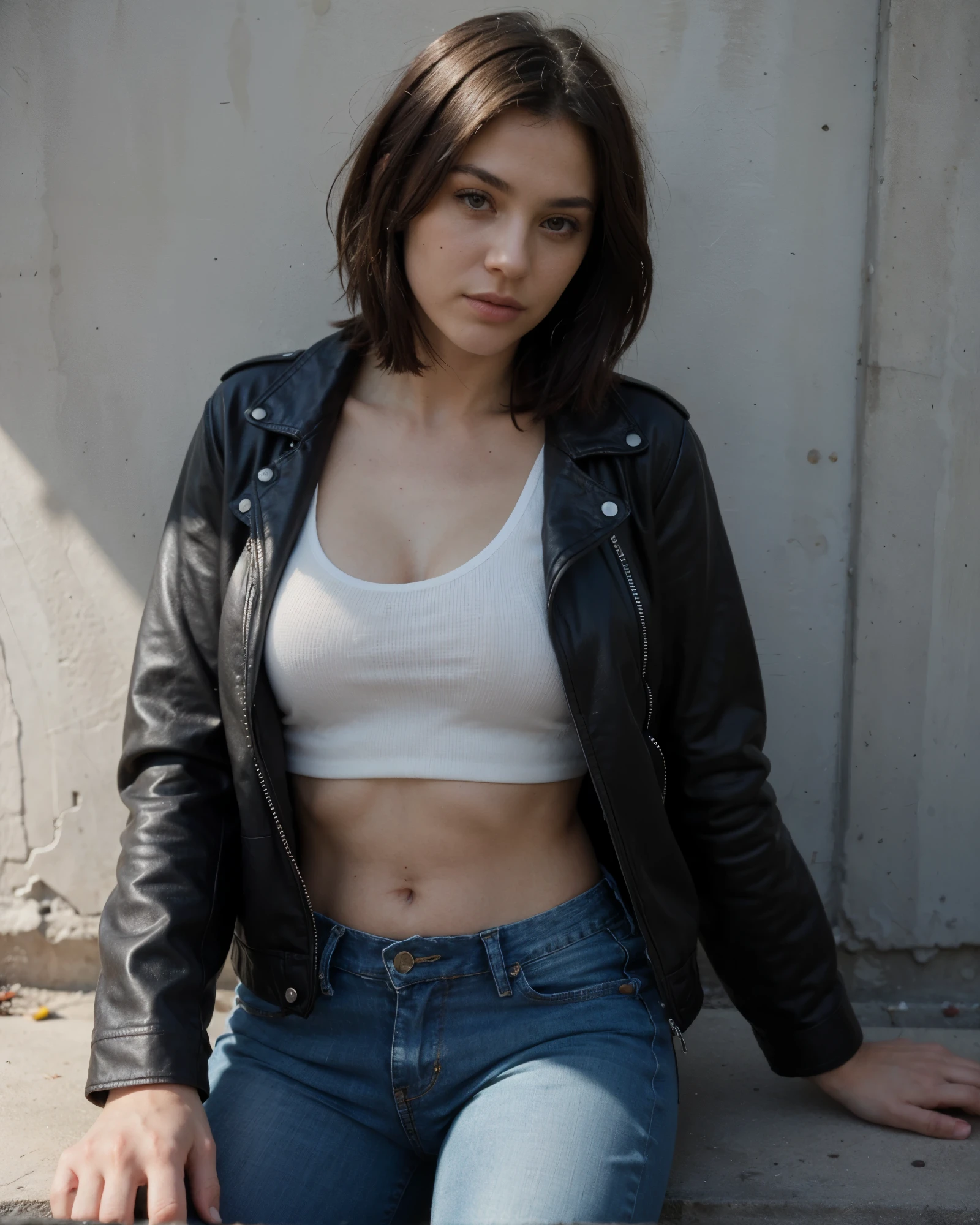 1girl, medieval city, dark alley, catgirl, short black hair, bob cut, , jeans, jacket, sharp teeth, sleek tail
