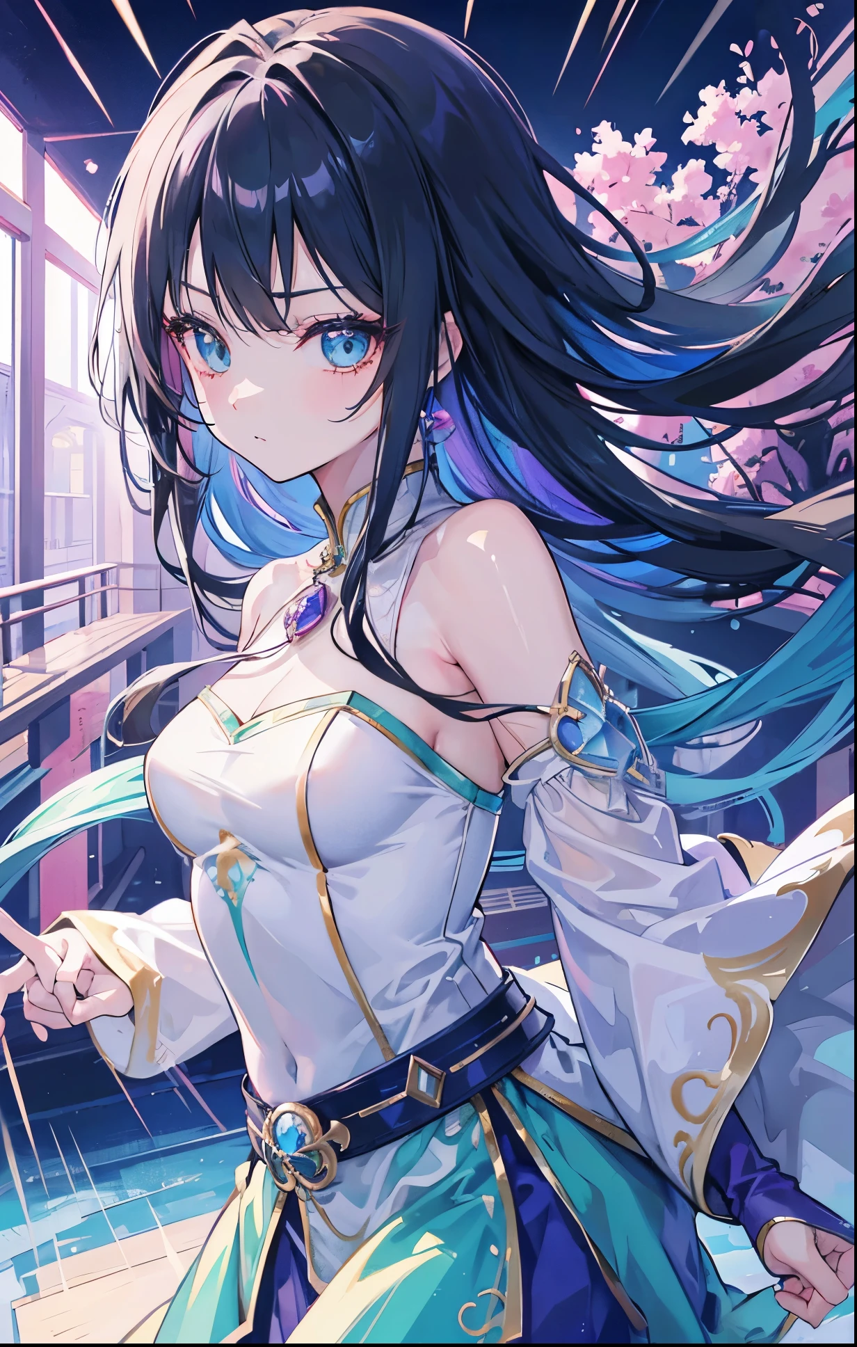 portrait, streaked hair, streaked hair, streaked hair, colored inner hair, ahoge, heart ahoge, hair ornament, gradient eyes, crystal earrings, ray tracing, UHD, highres, best quality, high quality, super detail