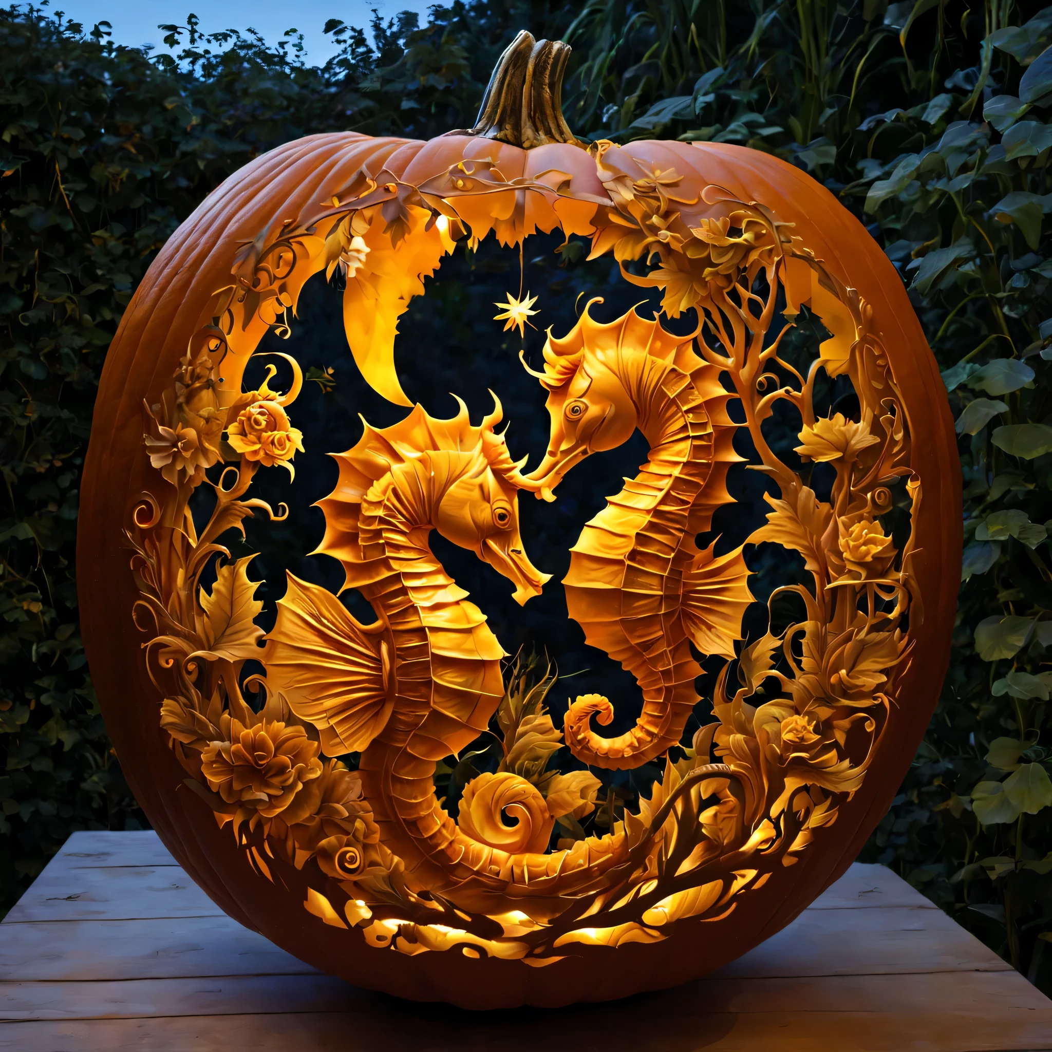 Pumpkin carving, Cutting art, cutting work, Lanterns made from cut pumpkins, complicated seahorse, (masterpiece), (highest quality), (Ultra high detail)