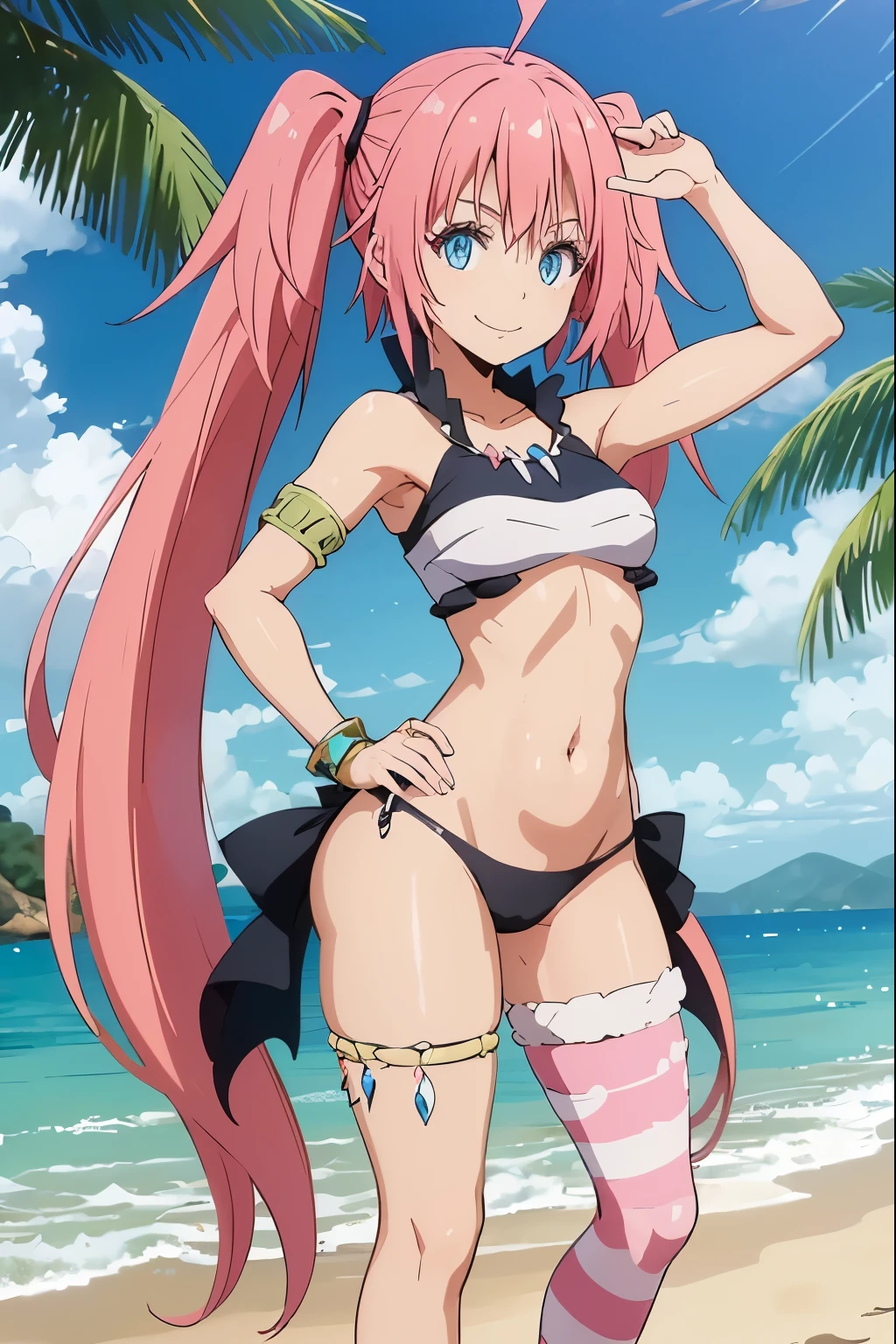 1 female、When reborn, I was a slime character（Naked Girl）、masterpiece、highest quality、Accurate、and soul、Child of the Demon King、Eimei、Beautiful and detailed blue eyes、(((pink hair)))、both sides、Tales Proud Doubles, (((Wearing very short panties only breasts、True to the original、((barefoot)), muscular belly, ((Beautiful muscular legs)), thick legs, (smile), On the beach under the scorching sun, bare chest, hiding the bare chest with your hands、sexy pose、That Time I Got Reincarnated as a Slime、milum