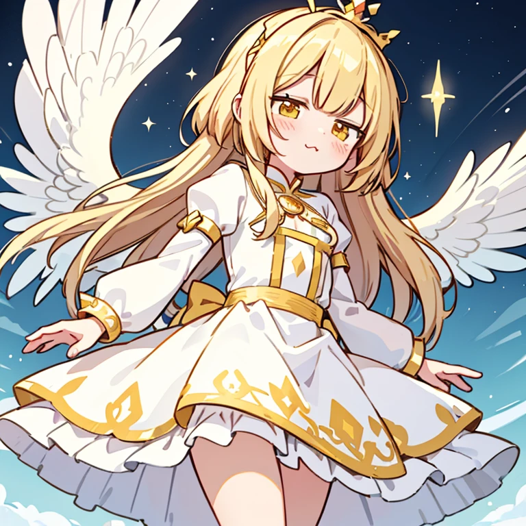 1chica, fantasy angel king, tiara blanca, vestido largo con volantes en capas blanco y dorado mangas largas,kawaii,:3,