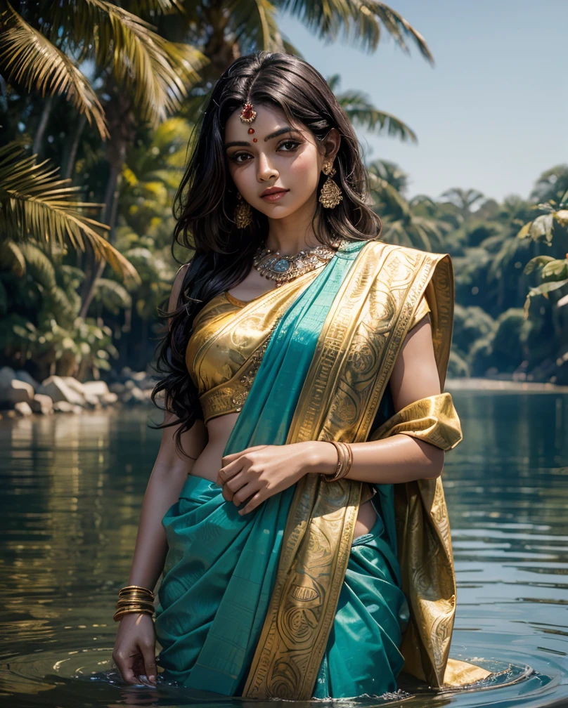 a woman in a sari in a body of water, indian girl with brown skin, indian goddess, hindu, assamese aesthetic, in a lake, hindu aesthetic, wearing sari, dayanita singh, sari, wearing a sari, beautiful sexy woman photo, indian super model, sexy girl with dark complexion, in water, body in water, sensuous