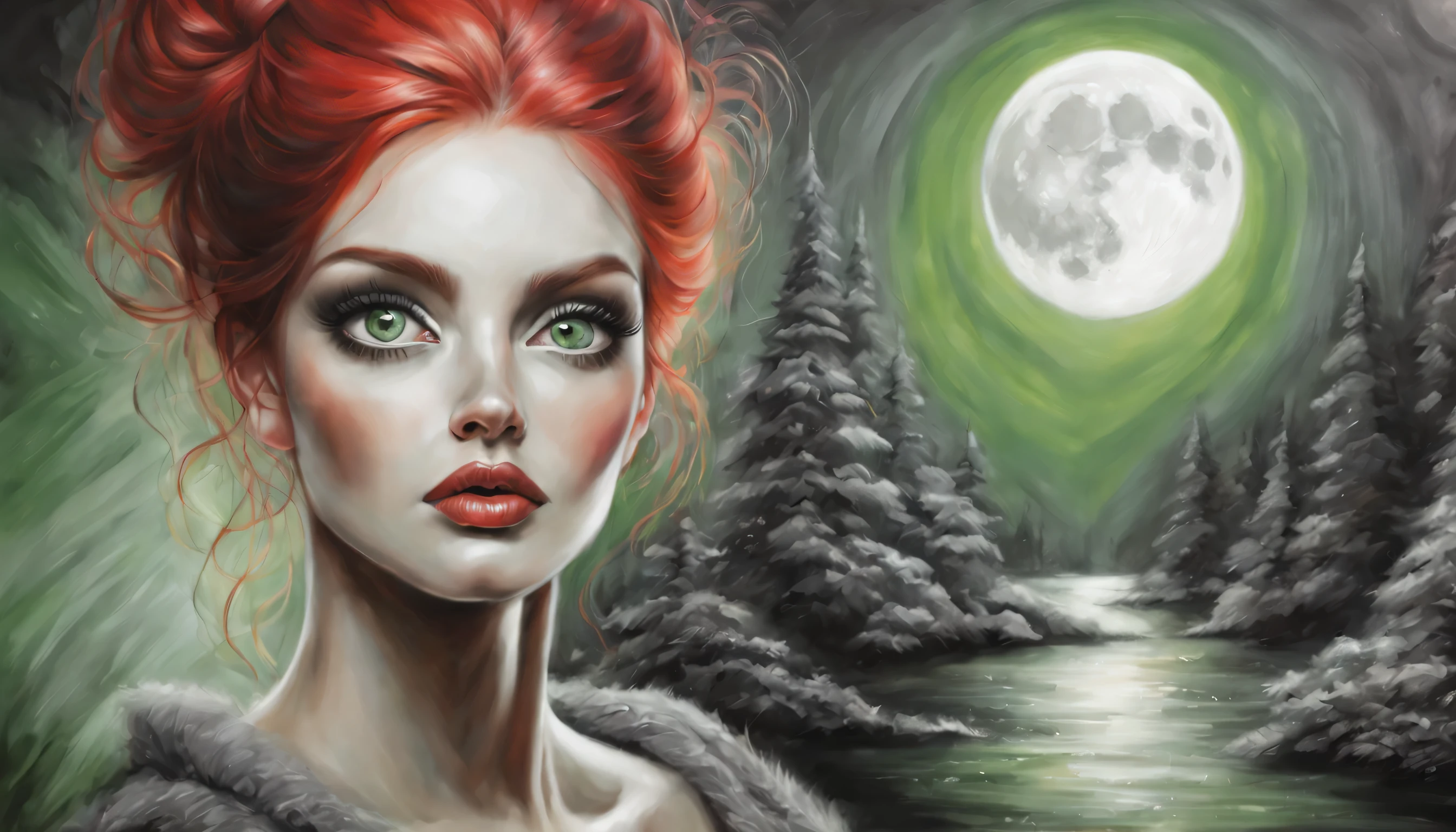 Detailed charcoal drawing in the style of Viktor Miller-Gausa, Ross Tran, Brian Froud, Tom Bagshaw of avec soft, red hair, solo, 1girl, outside, detailed background, ((over size full moon)) detailed eyes, ((green eyes)) color palette grey, black, red , Intricate shadows on her face, Capturing the beauty of a mature woman, soft pastel color in the background