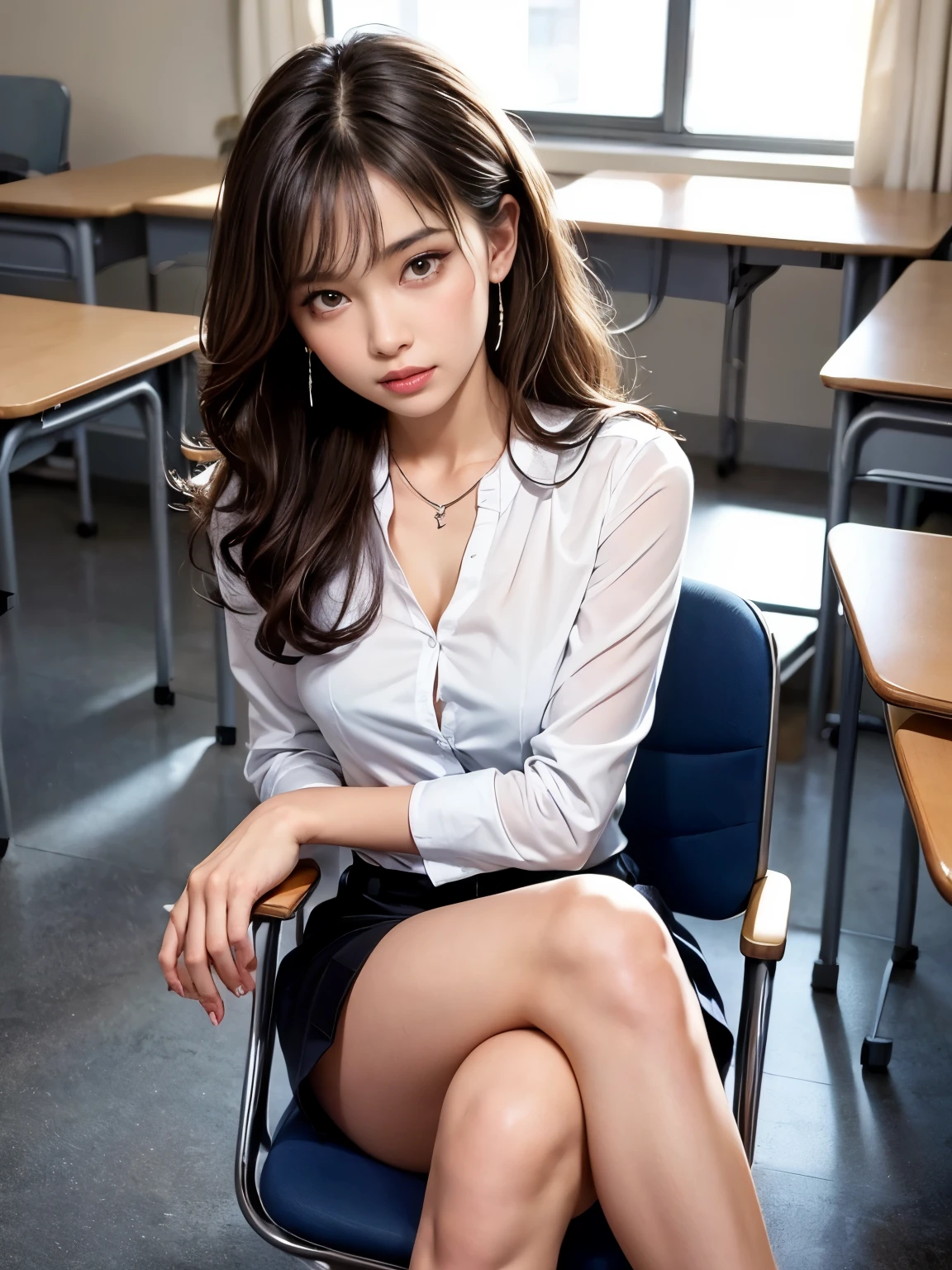 (table top: 1.3), (maximum resolution: 1.2), (Ultra HDTV: 1.2), cinematic light, Ultra HDTV, (fine eyes and skin), (detailed facial features), nffsw, 8K resolution, sharp focus: 1.2, perfect style, beautiful face, Accurate, anatomically correct, Highly detailed face and skin texture, fine eyes, brown eyes, double eyelid, thin eyebrows, glitter eyeliner: 1.2, natural cheeks, Glossy skin, Fair skin: 1.2, small shiny necklace and earrings, (glossy lips: 1.4), break, one person's perspective, in a high school uniform, (attractive face: 1.2), innocent and cute girl, (high ponytail, wavy hair, hair of white and some colors, bangs flowing diagonally), medium long hair, (full body shot: 1.2), focus on face, ((very close relationship: 1.2)), (medium big breasts), (((In the classroom: 1.2)), ((Sitting on the school chair with one's legs crossed:1.4)), (look at me)), From the side,