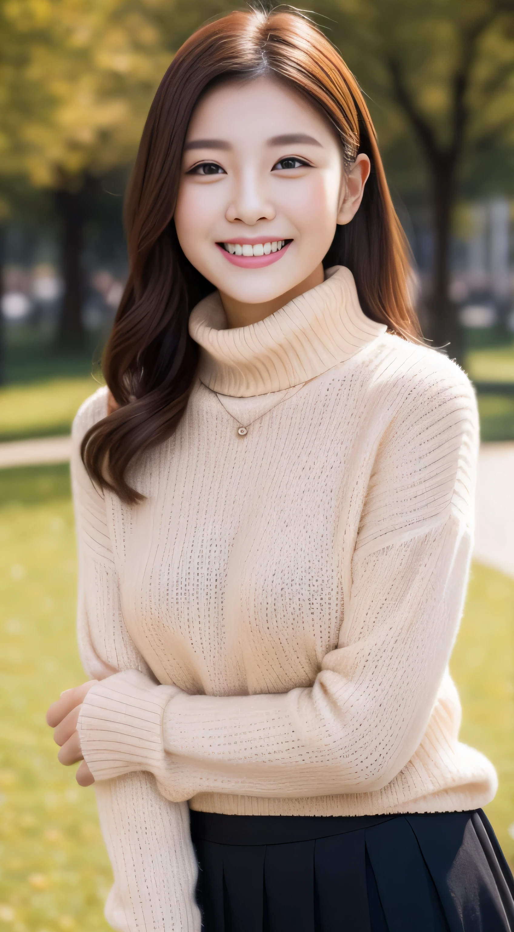 hostess face、turtleneck sweater、skirt、High quality、Super realistic、healthy、smiling expression、perfect slender figure、Japanese beauty、 necklace、perfect eyes beautiful skin、Flower Park
