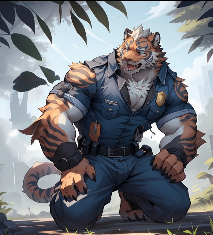 masterpiece, best quality, 8k resolution, Very detailed, hairy,tiger,((red hair)),muscle,Strong,超大muscle,((Sweating)),(((Purple Eyes))),For the audience,(((firefighter clothing))),portrait,(((helmet))),(Highest quality scene),(((fire truck))),on the street,(((smiling))),(((Hip bulge))),(((Ultra clear eyes)),(((Blushing))),((Solitary)),((whole body)),(((golden fur)))