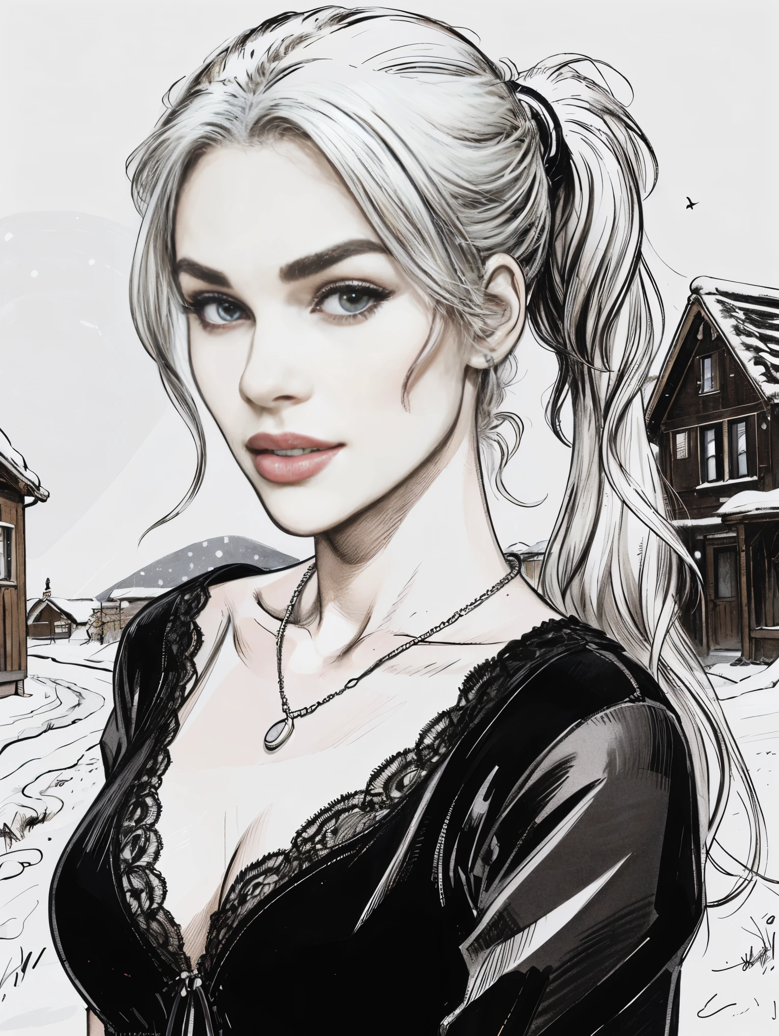A self-portrait sketch of One ultra hot gorgeous European women, age 23, blonde hair with a ponytail wearing dheer lace lingerie, silver necklace. She’s a playmate, men magazine model.slim body.
Outside In a snowy village, winter landscape, starry night, northern lights.
Perfect anatomy, perfect hair, perfect breast, perfect body, perfect hands, perfect face, UHD, retina, masterpiece, accurate, anatomically correct, high quality, award winning, best quality, highres, 16k, 8k, flat colors, line art, sketch, vector, (monochrome:1.2) (coloring book:1.1) no detail, outline no colour, fill frame, clipart white background thin black lines white background