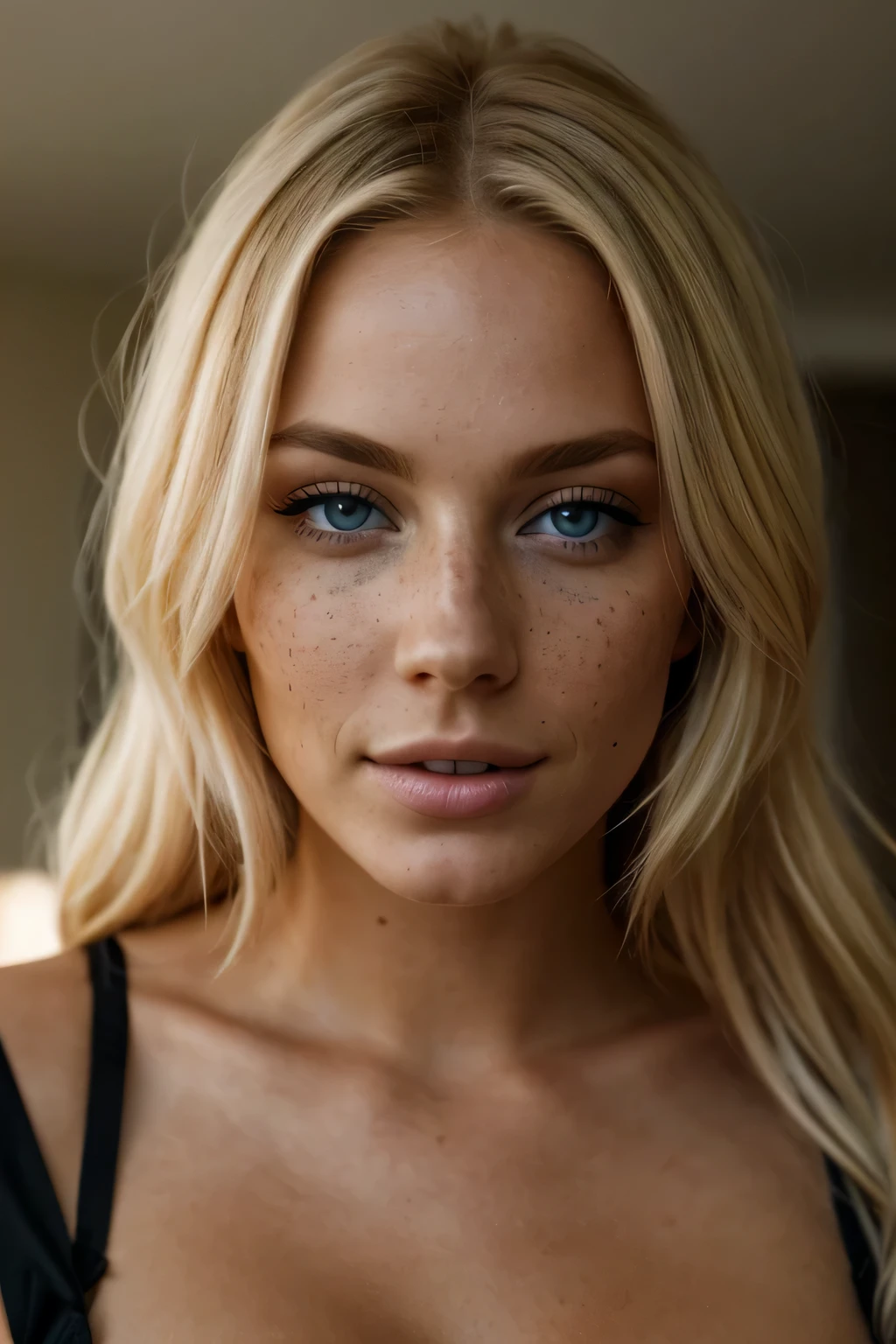 blond woman with blue eyes and a black bra top posing for a picture, photo of a beautiful woman, portrait of a beautiful model, beautiful blonde woman, extremely beautiful face, gorgeous attractive face, close-up perfect face, beautiful blonde girl, close up of a blonde woman, attractive beautiful face, stunning closeupheadshot, soft portrait shot 8 k, beautiful perfect face, freckles on her face