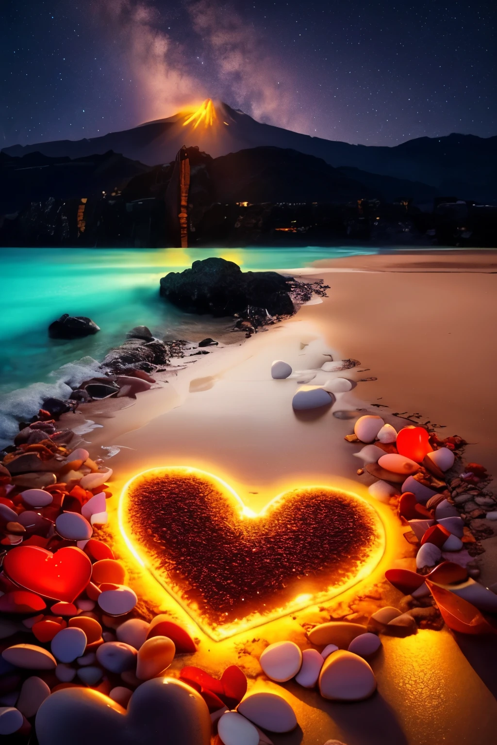 Close-up of two heart-shaped stones with candles on the beach, stream of love and happiness, sitting on the beach at night, magical hearts, ❤🔥🍄🌪, stunning background, glowing crystals on the ground, love  the beginning of everything , stunning screensavers, dreamy romance, great composition, by Tom Wänerstrand, magical beaches