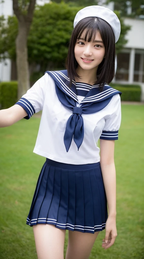 ((Top Quality, 8k, Masterpiece: 1.3)), Sharp Focus: 1.2, Perfect Body Shape Pretty High School Girl: 1.4, Slim Abs: 1.2, ((Black Hair Layered Haircut, Beautiful: 1.2)), (White Sailor School Uniform: 1.5), City, Highly Detailed Face and Skin Texture, Detailed Eyes, Smile, Bangs, Baby Face, (Super Cute Face: 1.5), Nogizaka 46, AKB48, , Neat, ( Lover's point of view), (beautiful legs), energetic, navy blue uniform skirt, slim figure, constricted waist, ((short sleeves)), date, refreshing,うるんだ瞳､全身、胸谷間強調、肌つやあり