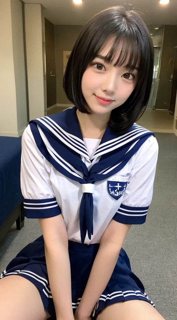 ((Top Quality, 8k, Masterpiece: 1.3)), Sharp Focus: 1.2, Perfect Body Shape Pretty High School Girl: 1.4, Slim Abs: 1.2, ((Black Hair Layered Haircut, Beautiful: 1.2)), (White Sailor School Uniform: 1.5), City, Highly Detailed Face and Skin Texture, Detailed Eyes, Smile, Bangs, Baby Face, (Super Cute Face: 1.5), Nogizaka 46, AKB48, 16 years old, Neat, ( Lover's point of view), (beautiful legs), energetic, navy blue uniform skirt, slim figure, constricted waist, ((short sleeves)), date, refreshing,うるんだ瞳､全身、胸谷間強調、肌つやあり