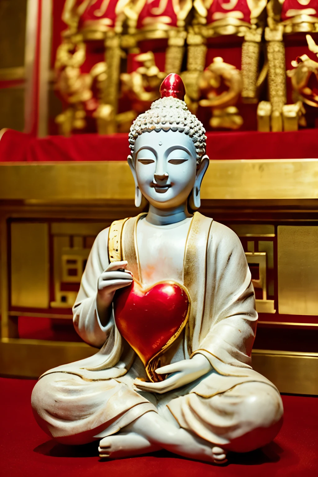 statue of a child。sitting holding a red heart in both hands。Color is gold。The background is a temple。nice smile。Buddha statue, not a human。sitting facing the front。big red heart。