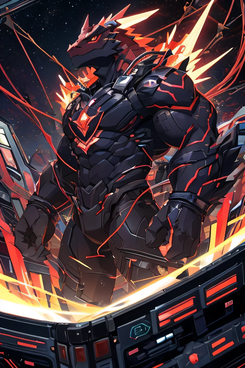 masterpiece, best quality, perfect anatomy, (detailed eyes:1.2), (Red Raptor), male, solo, cables as tenacles from back, glowing eyes, floating in air, digital_space, binary, glitchy, glitch creature, liquid, detailed background, Evil, Mischief, kemono, solo, made of glitch, void creature, chaos, corruption, bara, muscles, anime_pose, negative_space, inverted_filter, glitched, error, computer_virus