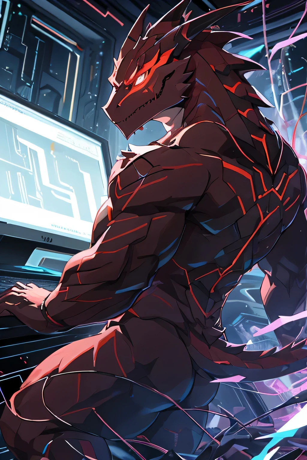 masterpiece, best quality, perfect anatomy, (detailed eyes:1.2), (Red Raptor), male, solo, cables as tenacles from back, glowing eyes, floating in air, digital_space, binary, glitchy, glitch creature, liquid, detailed background, Evil, Mischief, kemono, solo, made of glitch, void creature, chaos, corruption, bara, muscles, anime_pose, negative_space, inverted_filter, glitched, error, computer_virus