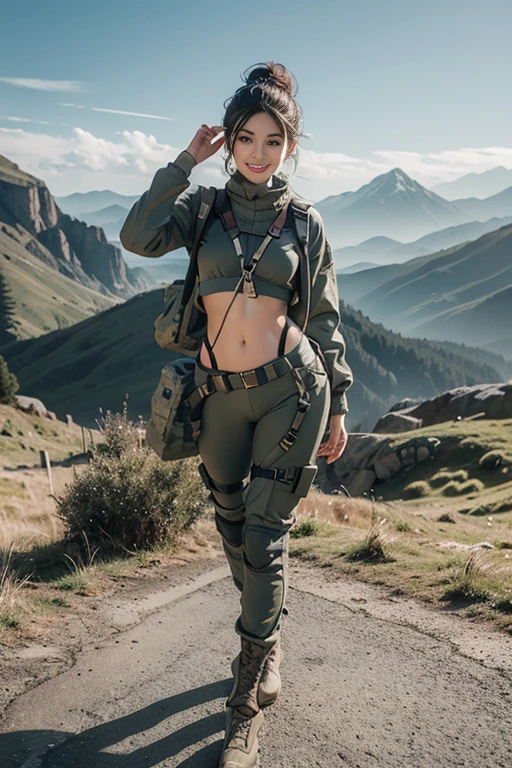 (Highest image quality, outstanding details, ultra-high resolution), 1 girl,, Indian girl, wearing futuristic military outfit((inspired by yoga wear and outdoor mountain wear, military harness, military gears such as pouches)), (glamour body:1.2, buffed and muscular body), (a bit chubby:0.5), background military base, mild smile, dynamic pose, dramatic lighting, full body, navel, 6 pack abs