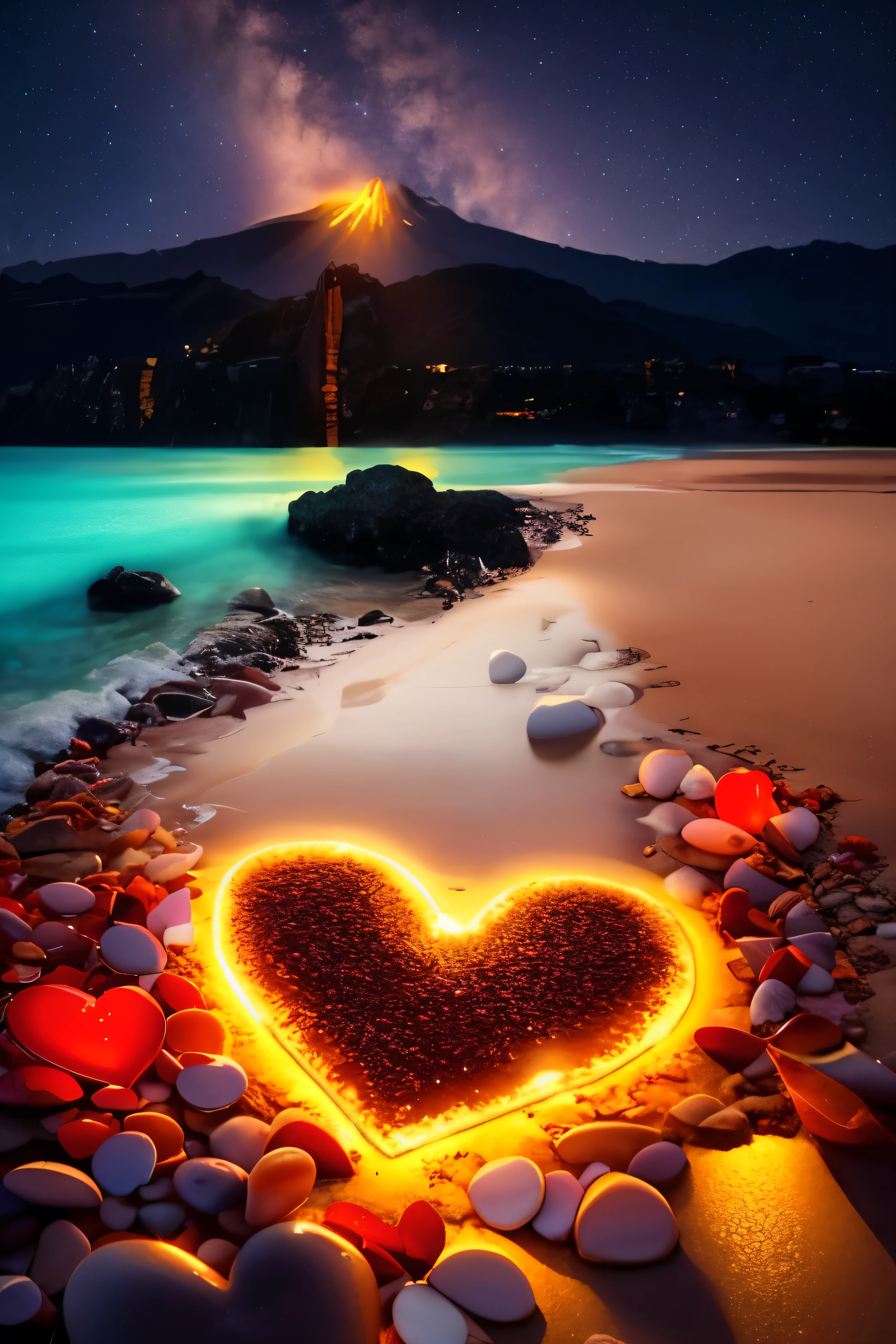 Close-up of two heart-shaped stones with candles on the beach, stream of love and happiness, sitting on the beach at night, magical hearts, ❤🔥🍄🌪, stunning background, glowing crystals on the ground, love  the beginning of everything , stunning screensavers, dreamy romance, great composition, by Tom Wänerstrand, magical beaches