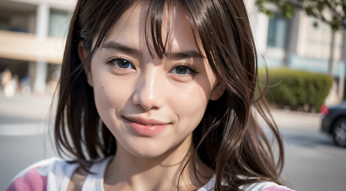 highest quality, masterpiece, Ultra-high resolution, (Realistic:1.4),((Small and thin face:1.2)), (Close-up portrait) RAW Photos, 1 girl,20-year-old,((Wink)),((Sticking out tongue)),((Asian Fashion)),Messy Hair,((Dark Chestnut Hair)),((Short bangs)),((Smiling with teeth showing)),