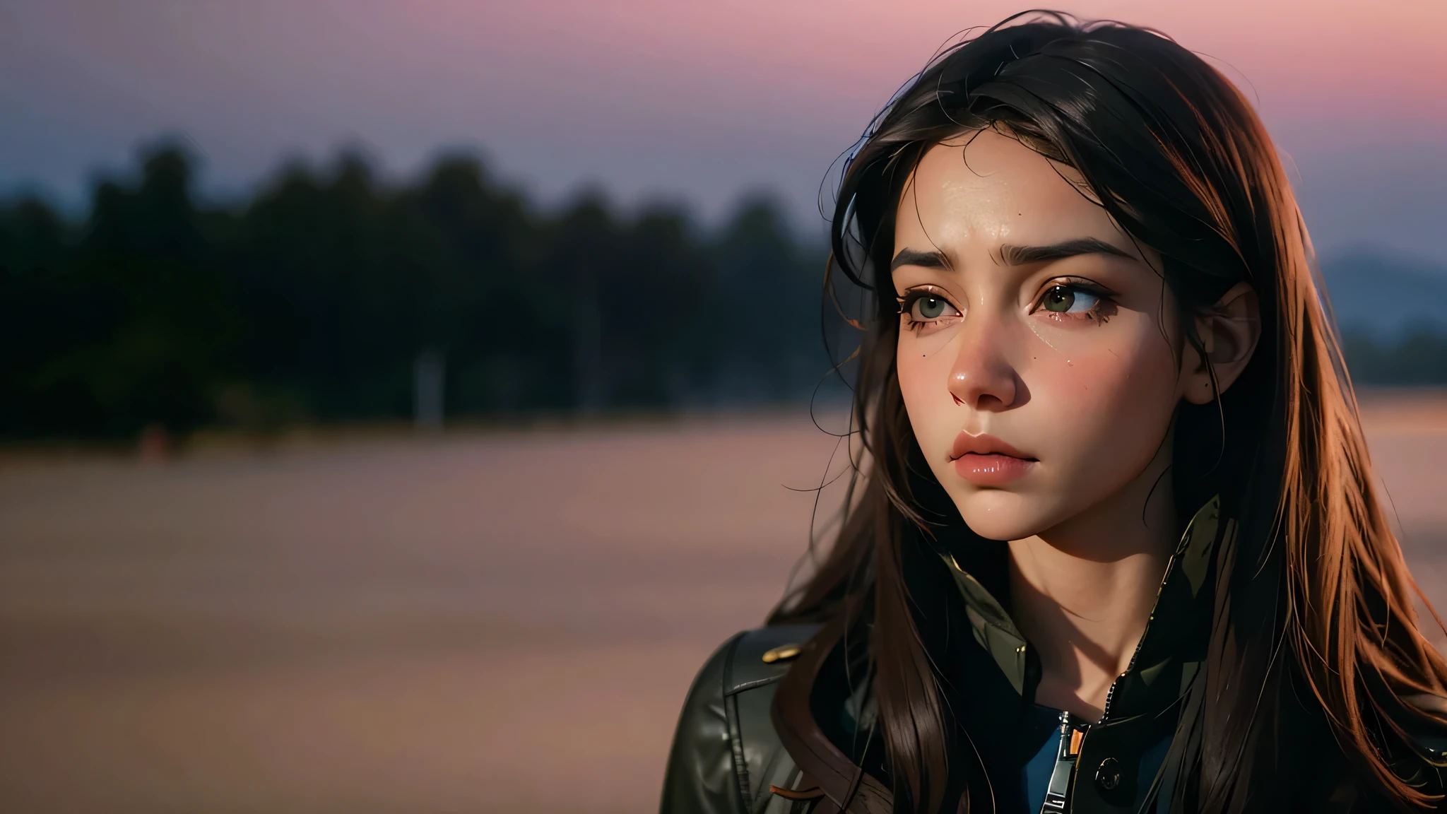 there  a woman that  looking at something in the distance, with a sad expression, she has a distant expression, sad look, & her expression  solemn, from slumdog millionaire, wonderful scene, maya ali wind sorcerer, high quality screenshot, realistic movie still, sad expression, fanart, emotional face shot, high quality film still, fan art