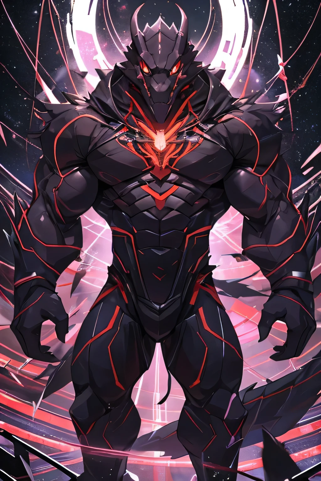 masterpiece, best quality, perfect ???????, (detailed eyes:1.2), (Red Raptor), male, solo, cables as tenacles from back, glowing eyes, floating in air, digital_space, binary, glitchy, glitch creature, liquid, detailed background, Evil, Mischief, kemono, solo, made of glitch, void creature, chaos, corruption, bara, muscles, anime_pose, negative_space, inverted_filter, glitched, error, virus, malware, malicious