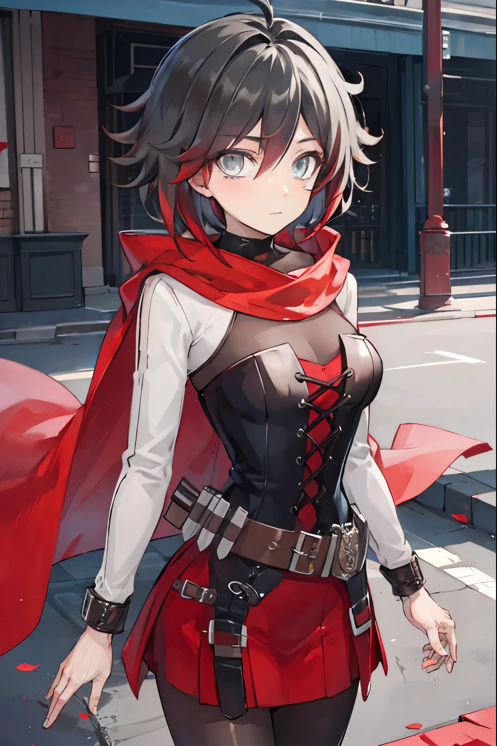 ruby rose, ruby rose, short hair, black hair, redhead, (gray eyes:1.5),
break dress, pantyhose, cape,
break looking at viewer,
break outdoors,
break (masterpiece:1.2), highest quality, High resolution, unity 8k wallpaper, (shape:0.8), (fine and beautiful eyes:1.6), highly detailed face, perfect lighting, Very detailed CG, (perfect hands, perfect anatomy),