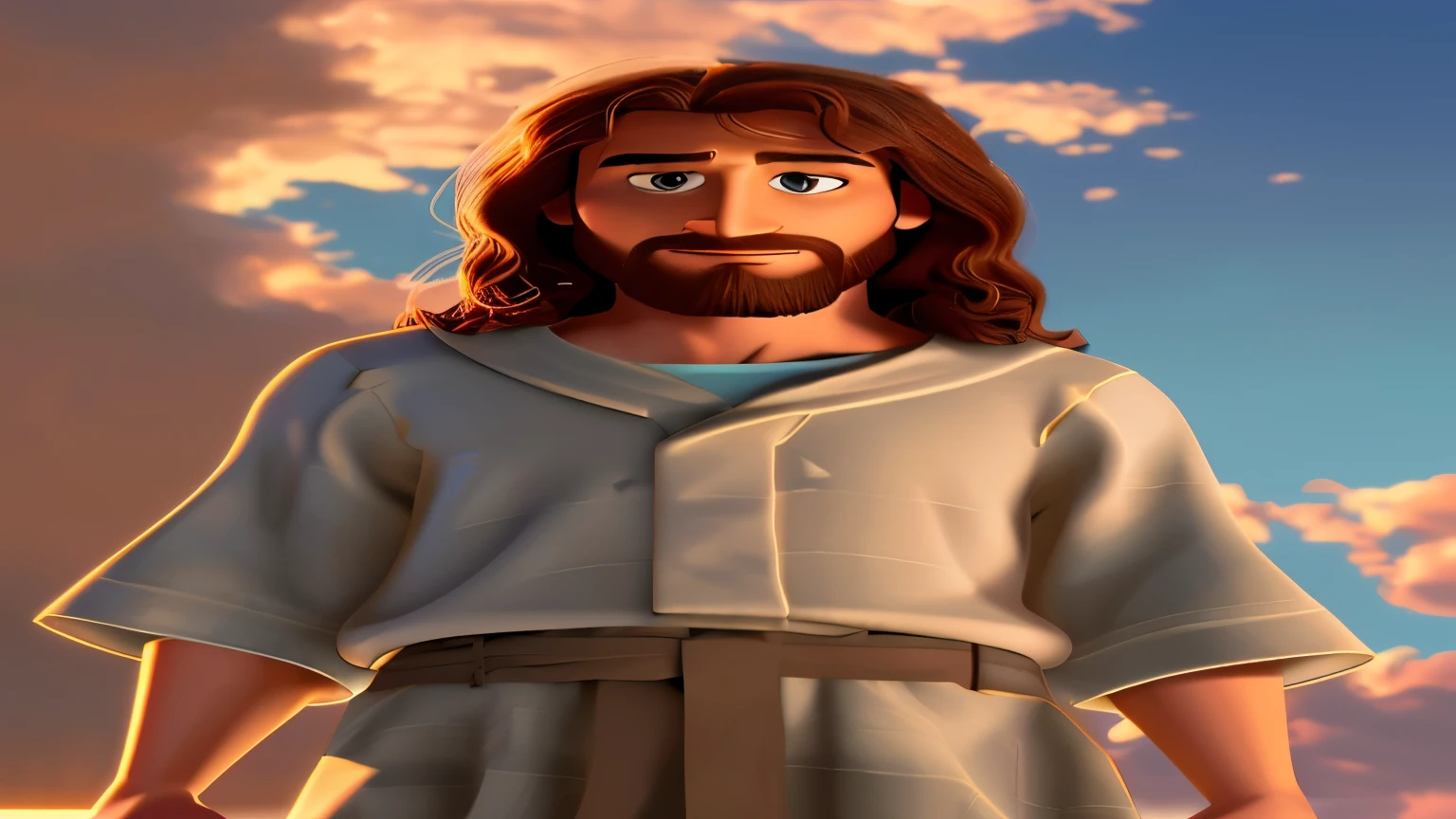 Jesus Cristo Feliz, Jovem, cabelo castanho, estilo pixar