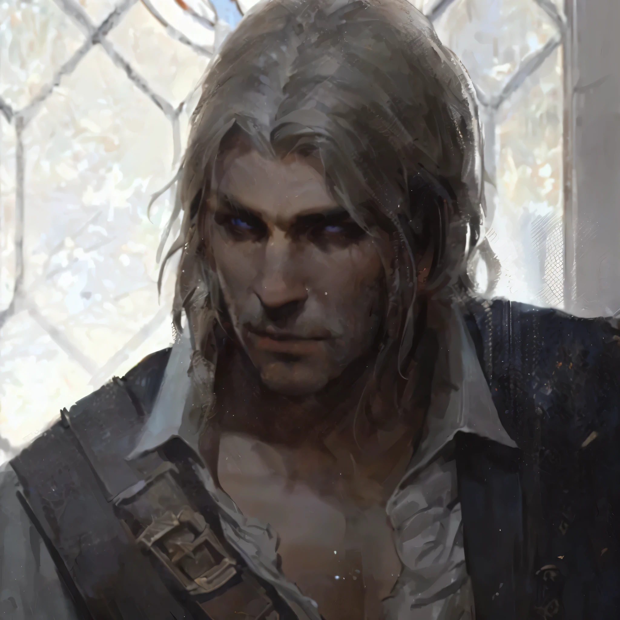 Have long hair、Man in a vest, portrait of Geralt of rivia, the that wizard concept art, Geralt of rivia, Geralt, portrait of fin wildcloak, that wizard)), that wizard, fantasy male portrait, from that wizard (2021), ciri, Works of art in the style of Guwitz, the that wizard