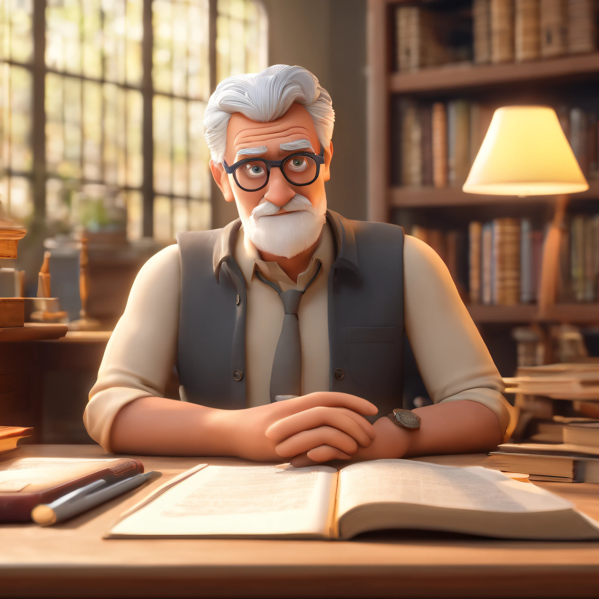 Crie um cartaz inspirado na Disney Pixar com o personagem sendo o pastor Rubens Janier, A gray-haired man wearing glasses, in an office with a Bible on the table, Looking forward and serious