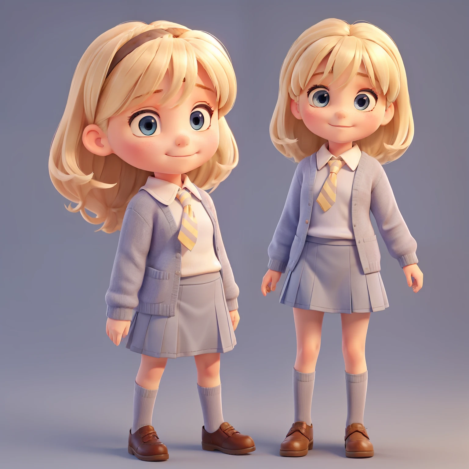 Girl, blonde hair, 6 years old, school uniform, plain blue tie, (tucked into jumper) grey jumper, grey skirt, grey tights, no background. Full body lenght portrait.