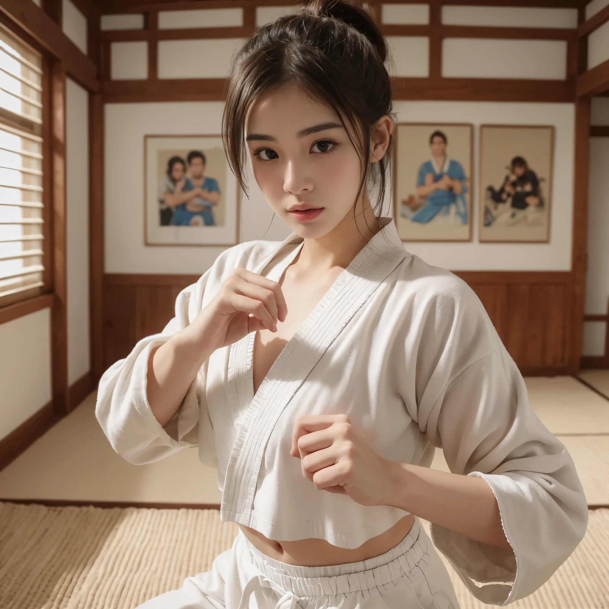 (RAW photo:1.2), (realistic), beautiful detailed girl, very detailed eyes and face, beautiful and fine eyes, huge file size, High resolution, very detailed, highest quality, [table top:1.6], figure, very detailed, small details, highest quality, 8K Dende Wallpaper, movie lighting, girl, female martial artist, Karate Poses, on top of tatami, dojo, A torn and tattered gi,  I can see my underwear., Her judo uniform is torn、her white bra is visible, white lace bra, ponytail, serious expression, Bra straps are out of place, I can see my underwear.よ,  My uniform pants were torn.,  I can see white cotton pants, slim body, young face, small chest, 空手dojo