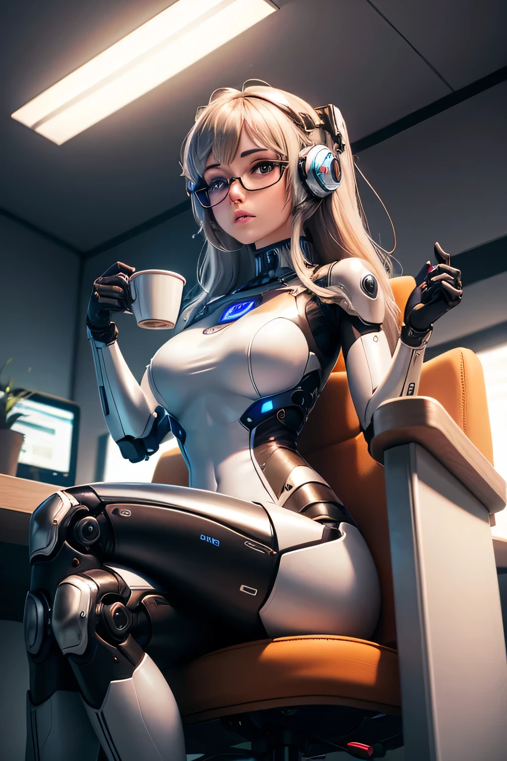 Female robot sitting on office chair and drinking coffee Machine body wear glasses eyes shine