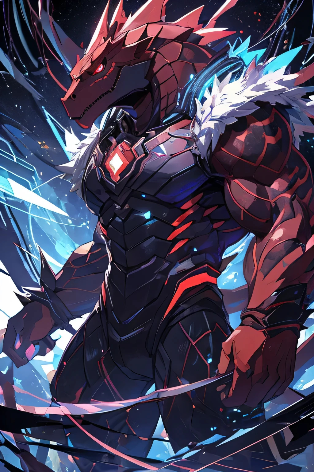 masterpiece, best quality, perfect anatomy, (detailed eyes:1.2), (Red Raptor), male, solo, cables as tenacles from back, glowing eyes, floating in air, digital_space, binary, glitchy, glitch creature, liquid, detailed background, Evil, Mischief, kemono, solo, made of glitch, void creature, chaos, corruption, bara, muscles, anime_pose, negative_space, inverted_filter, glitched, error, virus, malware, malicious