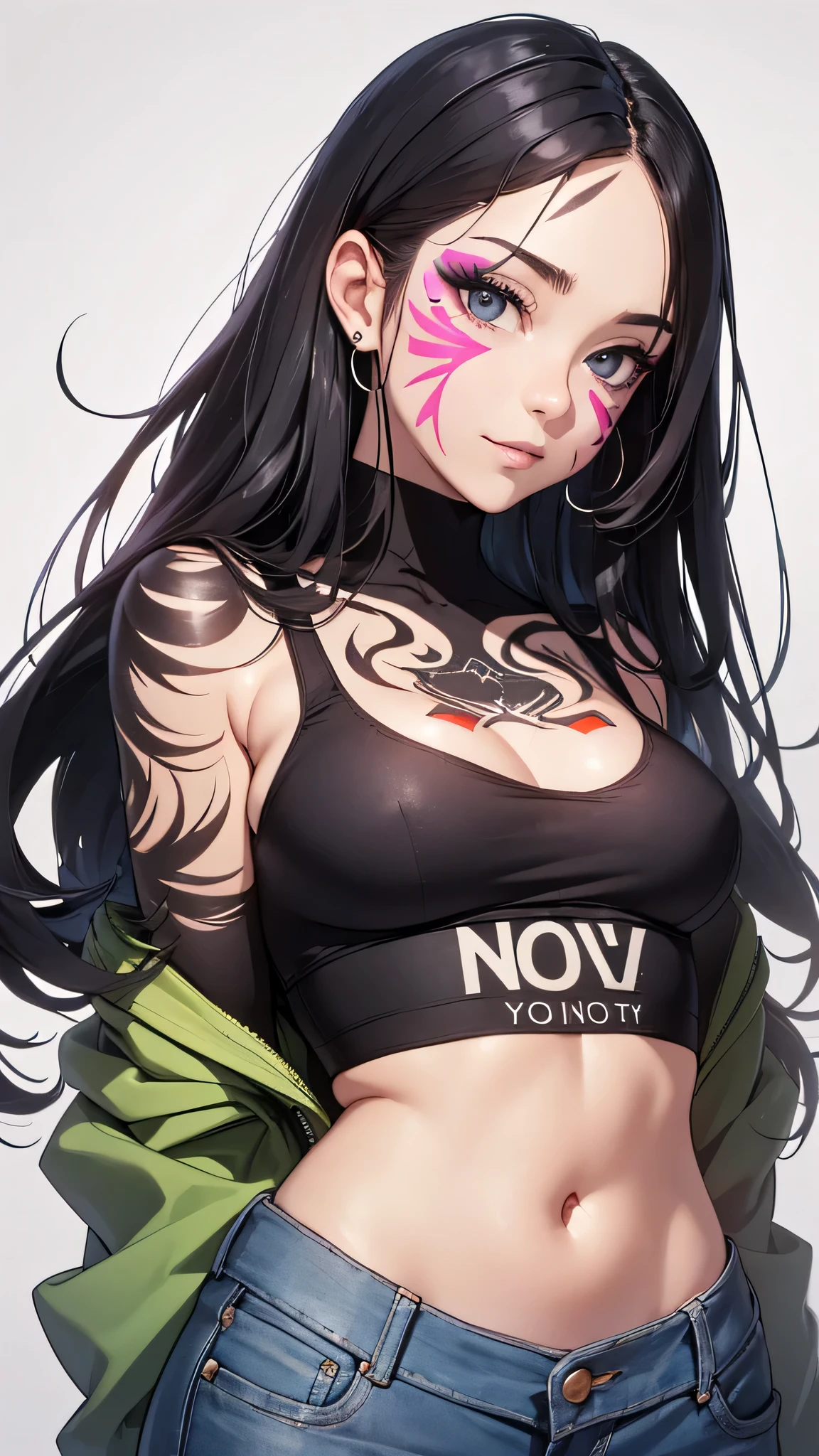 最high quality、best image quality、masterpiece、age girl((18-year-old、 by becoming、vest bust、medium bust,wide open breast tea、black eye, black hair、long hair、thin,highest valley、cute makeup、punk clothing、best smile、blue face paint、Yellow face paint、Pink face paint、distressed jeans、distressed jacket、black sports bra)),high quality、beautiful art、background((white room、wide、white screen)),pieces fly、Depth of written boundary、movie、visual art、perfect art、
