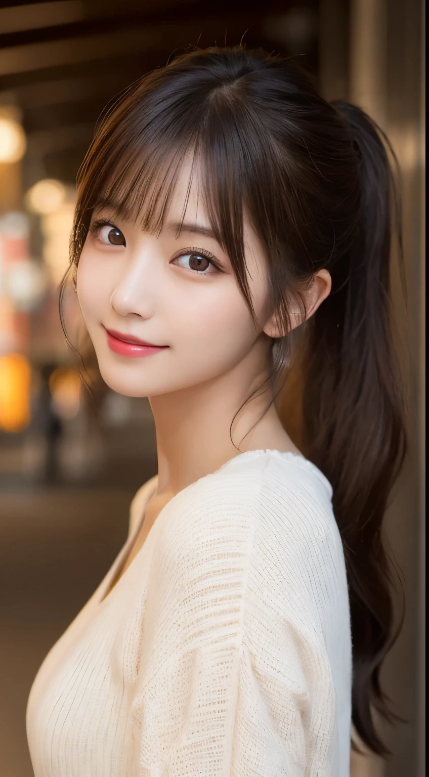 table top, highest quality, shape, Super detailed, finely, High resolution, 8k wallpaper, 完璧なダイナミックな構shape, beautiful and detailed eyes, Trendy Women's Winter Fashion,ponytail,small breasts natural color lip, sexy pose,smile,Harajuku、20 year old girl、sexy look for the camera