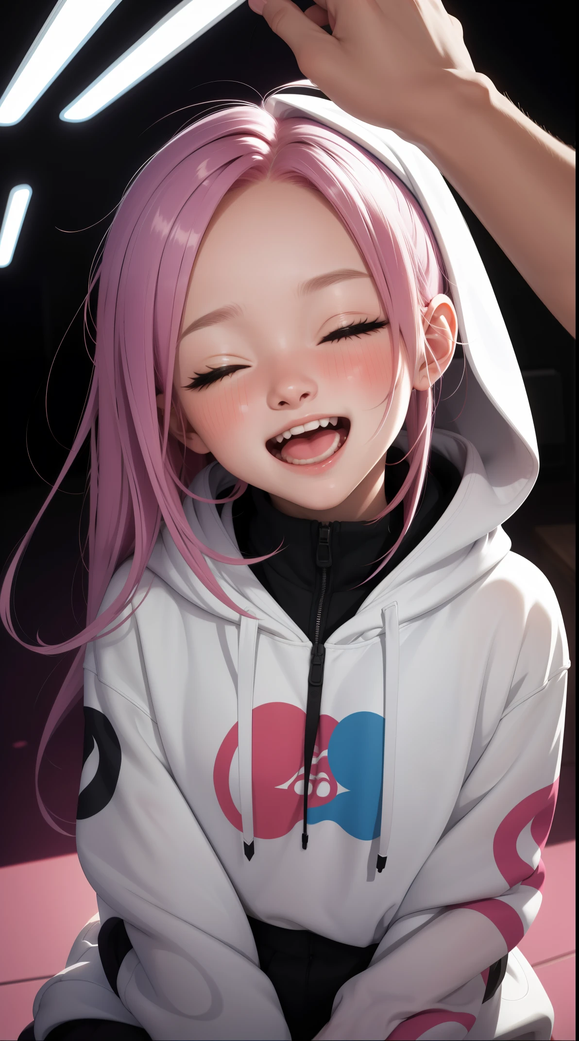 masterpiece, Surreal, hoodie, head tilt, hair between eyes, laughing out loud, open mouth, squint, 1 girl, alone, with one eye closed, Look up, backlight,Alternative colors, alternate hair lengths, blushing perspective, Clap on the head